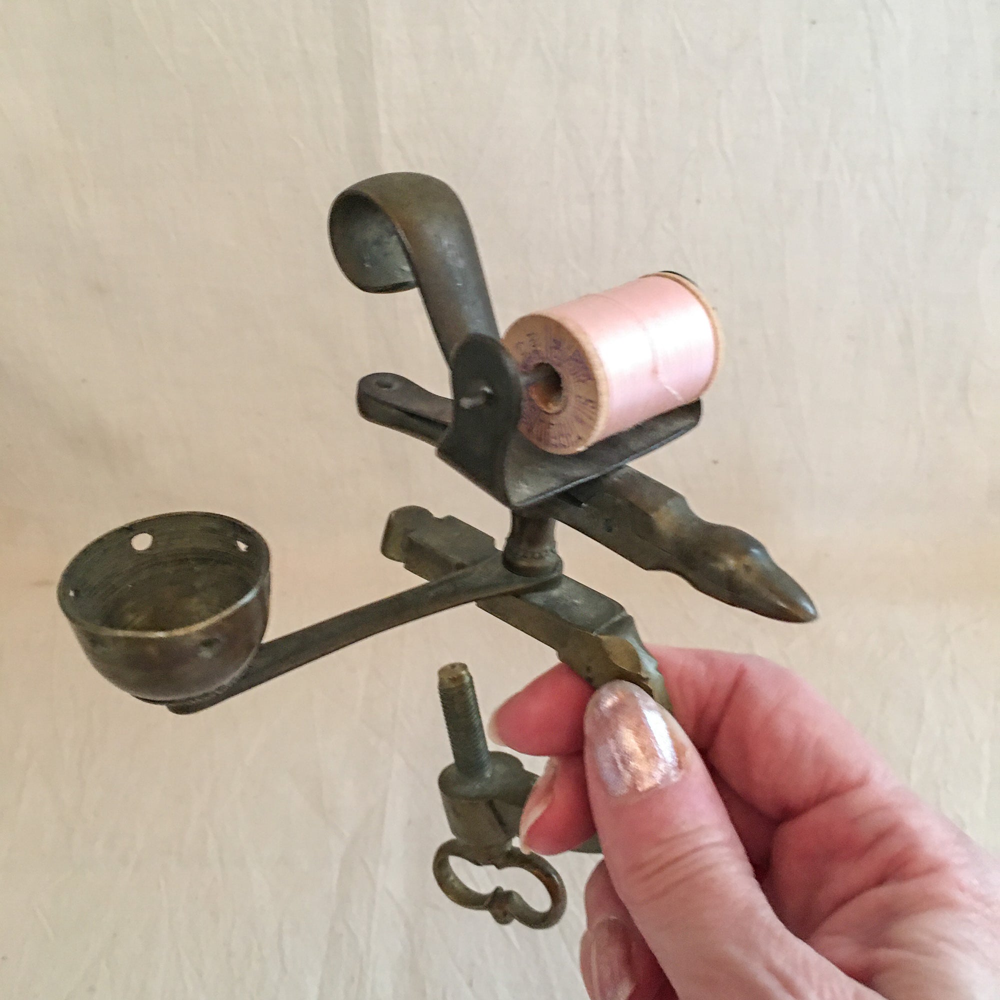 Mid 1800’s, Victorian Era Brass Sewing Bird/Clamp with Spool Holder and Pin Cushion Cup