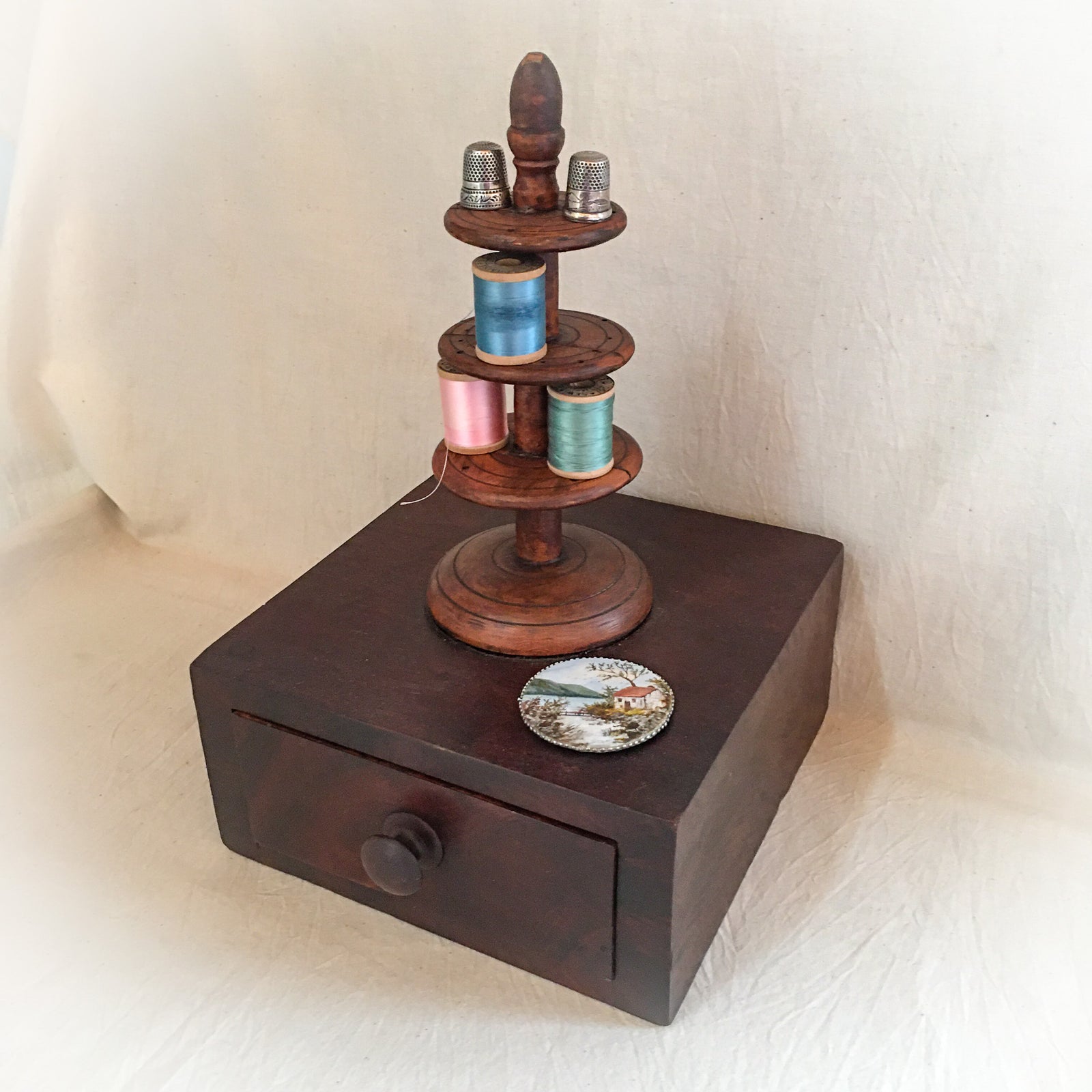 Antique Sewing Box, Grain Painted, with Spindle