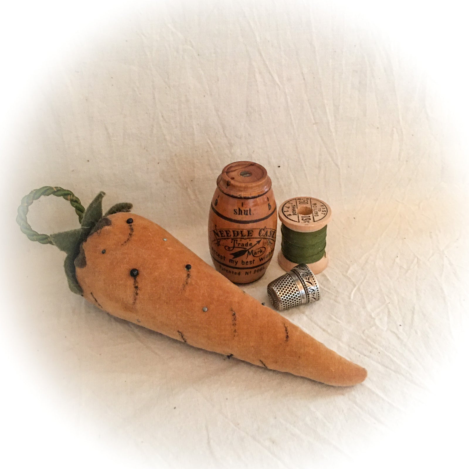 Antique Velvet Carrot Pin Cushion, Handstitched
