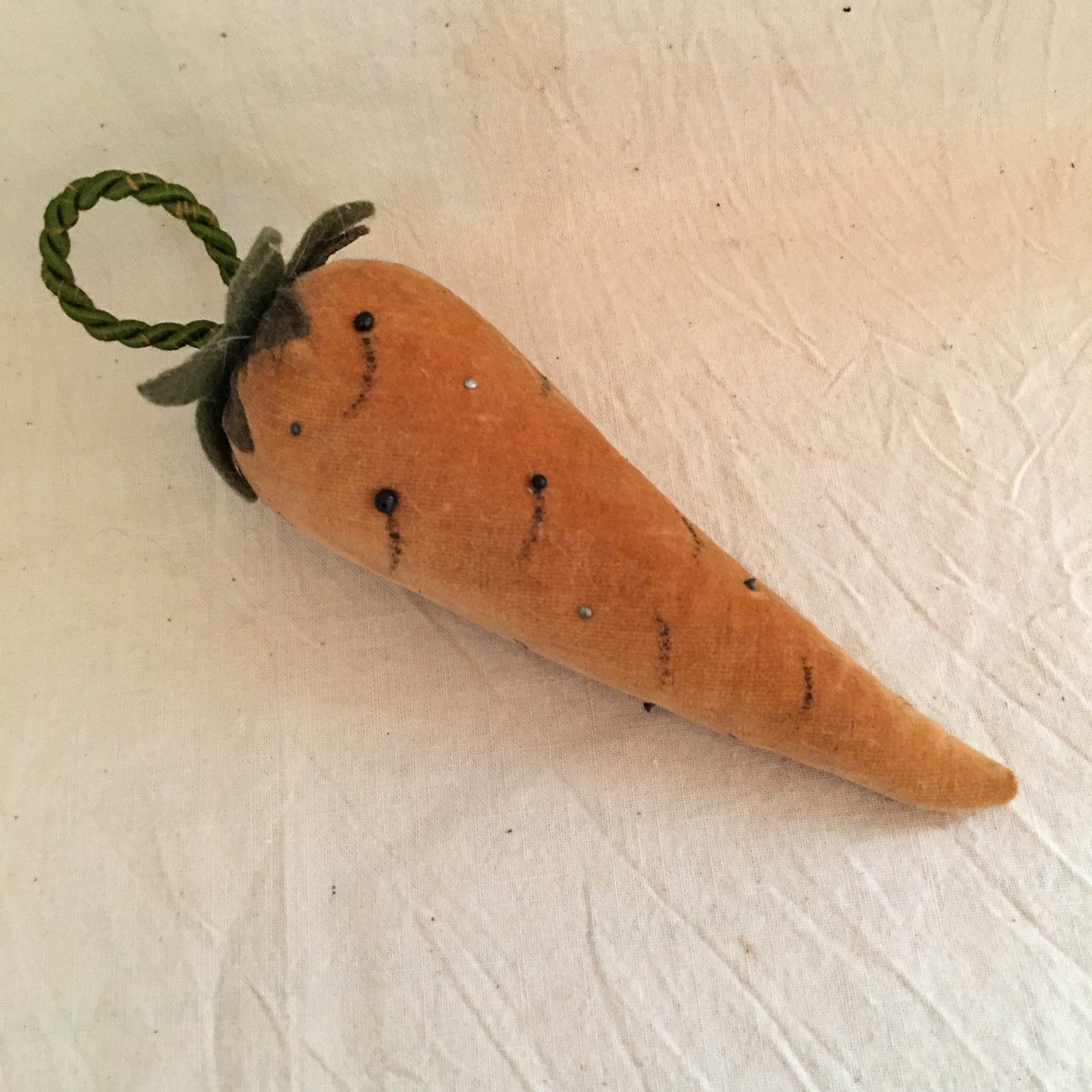 Antique Velvet Carrot Pin Cushion, Handstitched