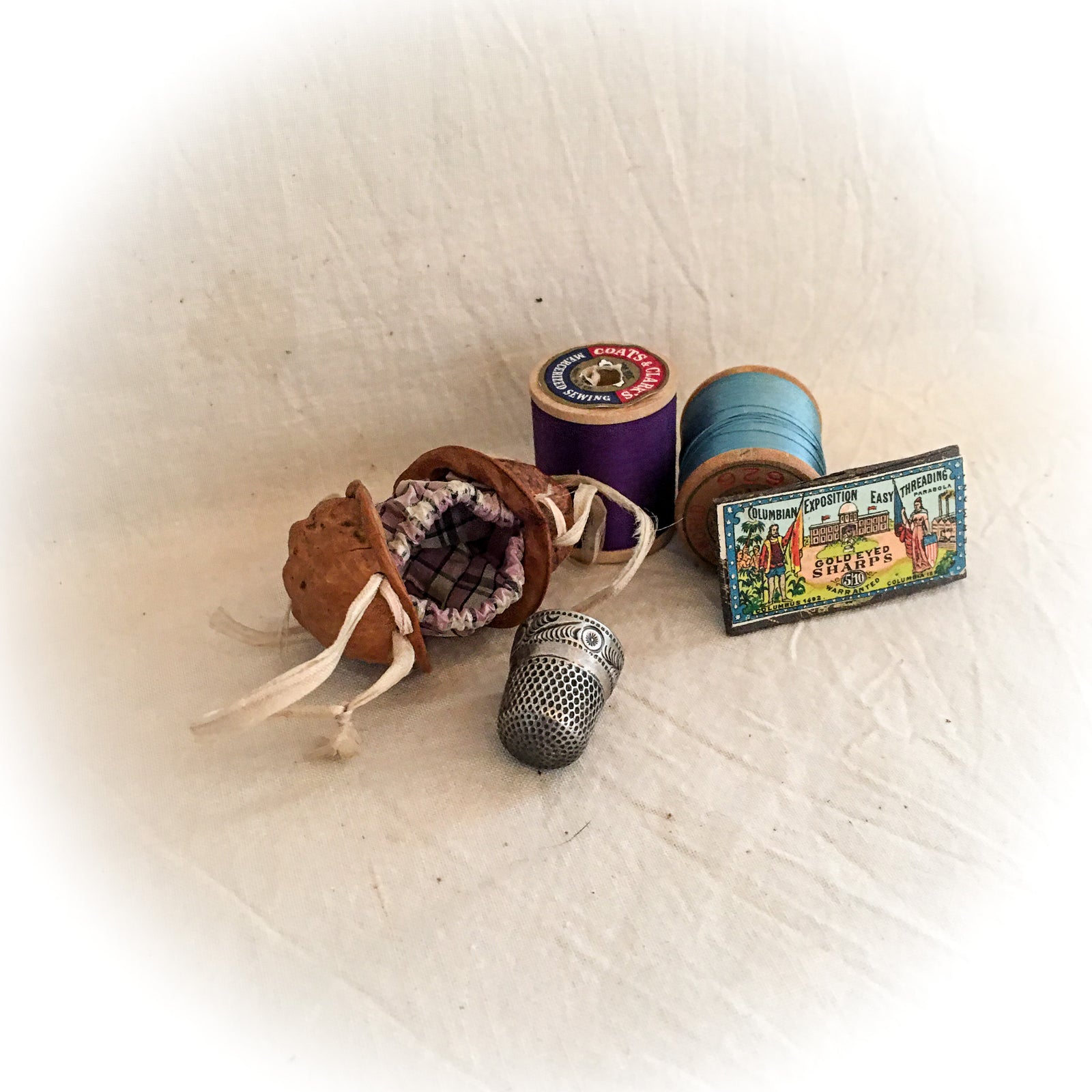 Victorian Era Walnut Thimble Purse with Sterling Silver Stern Bros Thimble, Size 8