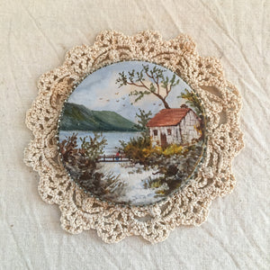 Antique Pin Disk, Lake Cottage and Mountains