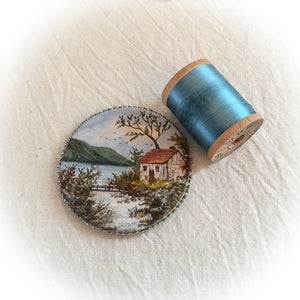 Antique Pin Disk, Lake Cottage and Mountains
