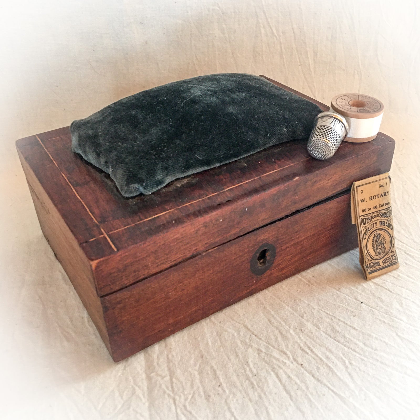 Antique Hand Made Sewing Box with Pin Cushion, Bone Crochet Hooks