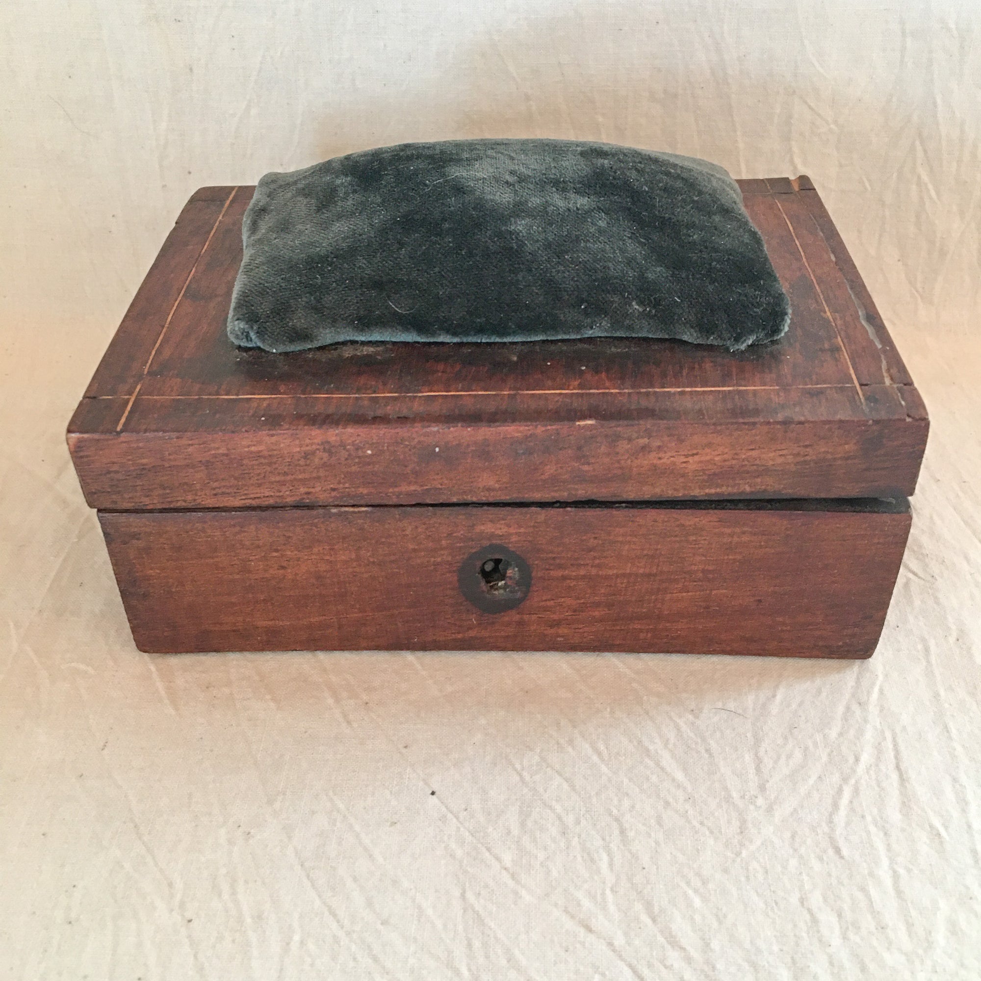 Antique Hand Made Sewing Box with Pin Cushion, Bone Crochet Hooks