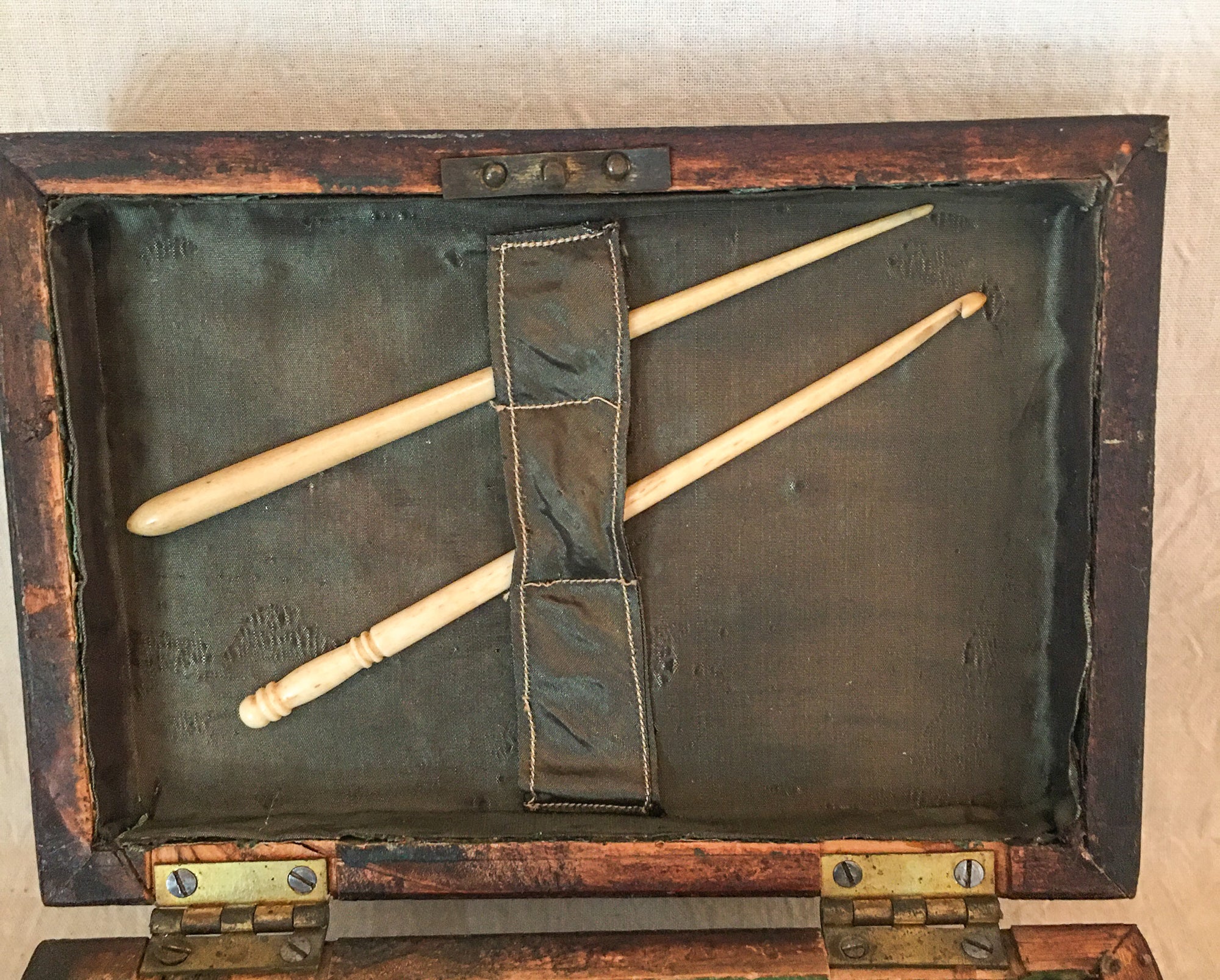 Antique Hand Made Sewing Box with Pin Cushion, Bone Crochet Hooks
