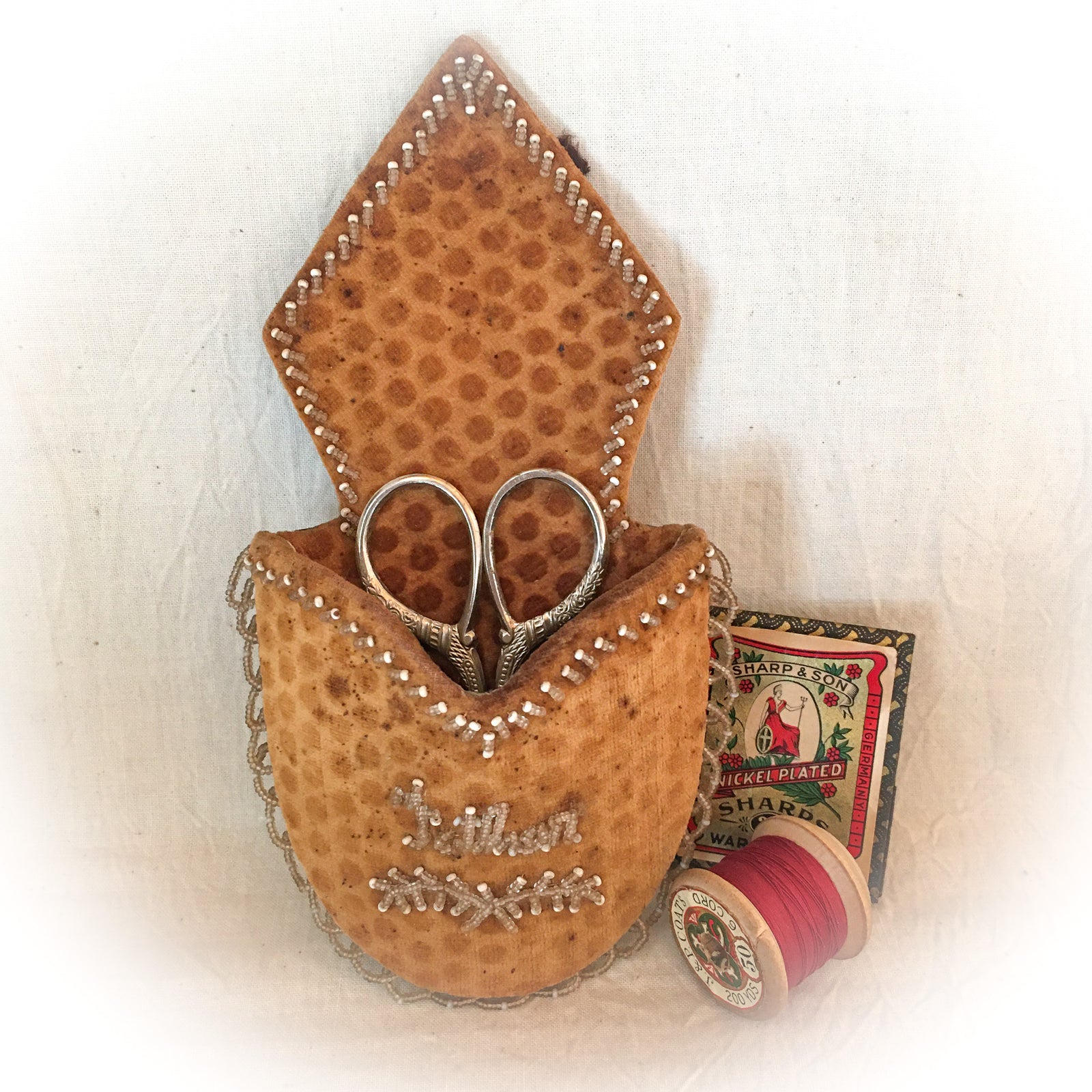 1910’s – 1920’s Velvet and Silk Beaded Wall Pocket, “Father”