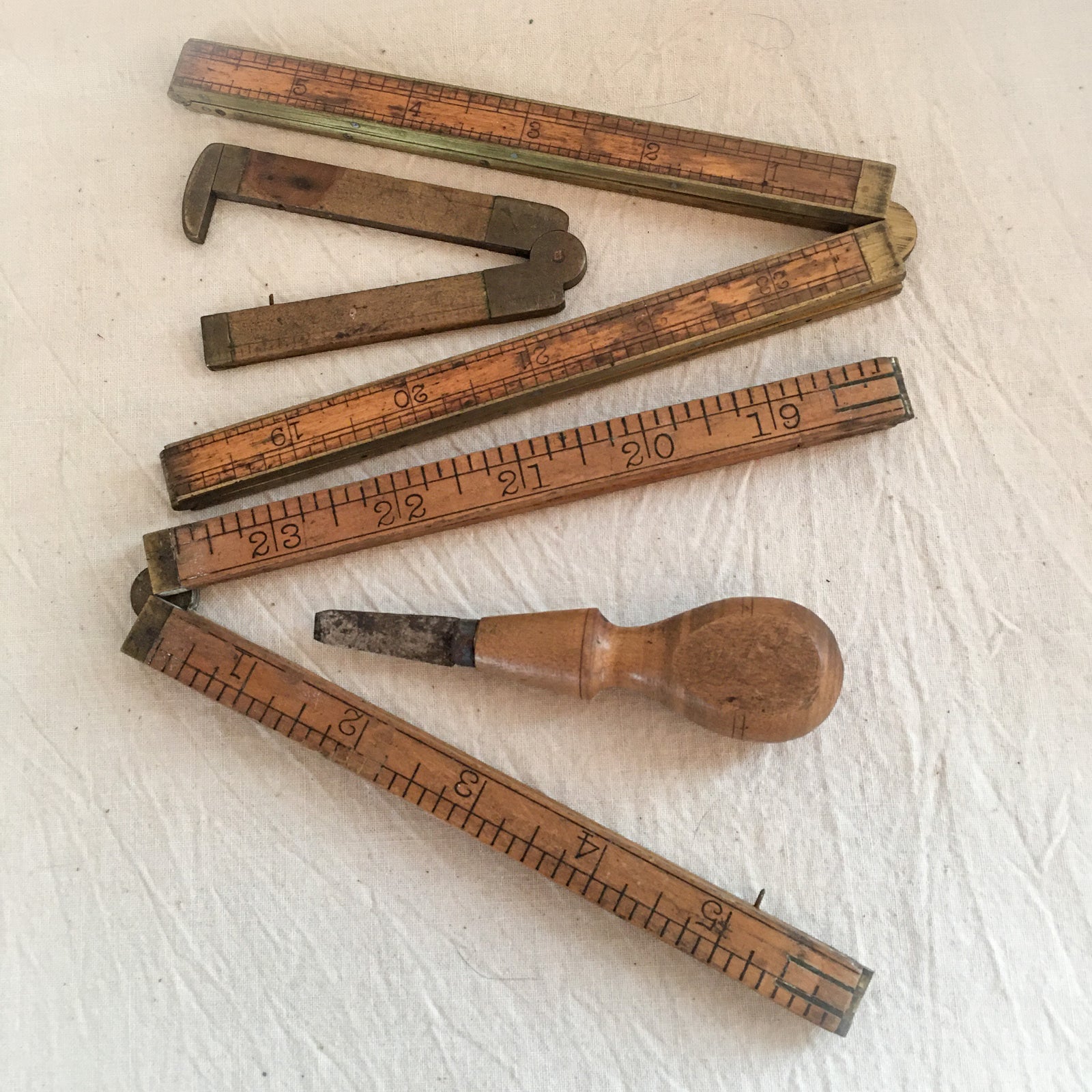 Early 1900’s Set of 3 Wooden and Brass Rules, Primitive Screwdriver