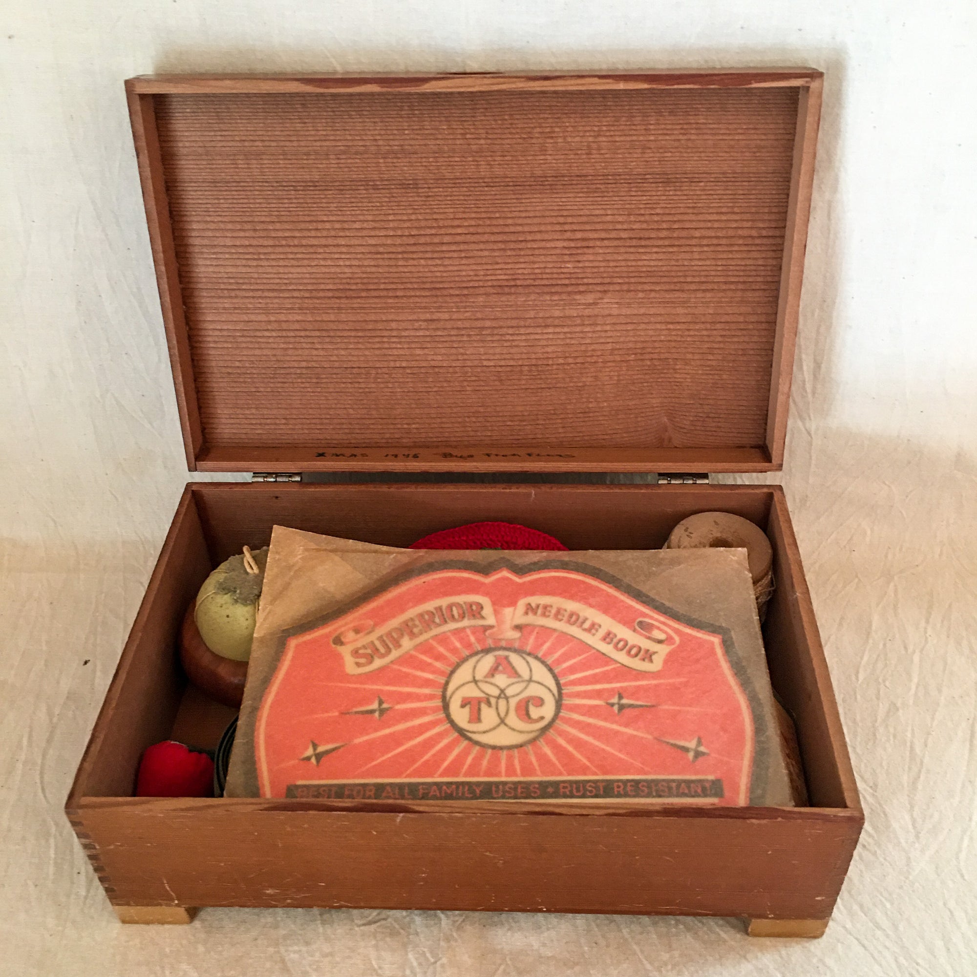 1946 Wooden Jewel/Sewing Box with Contents