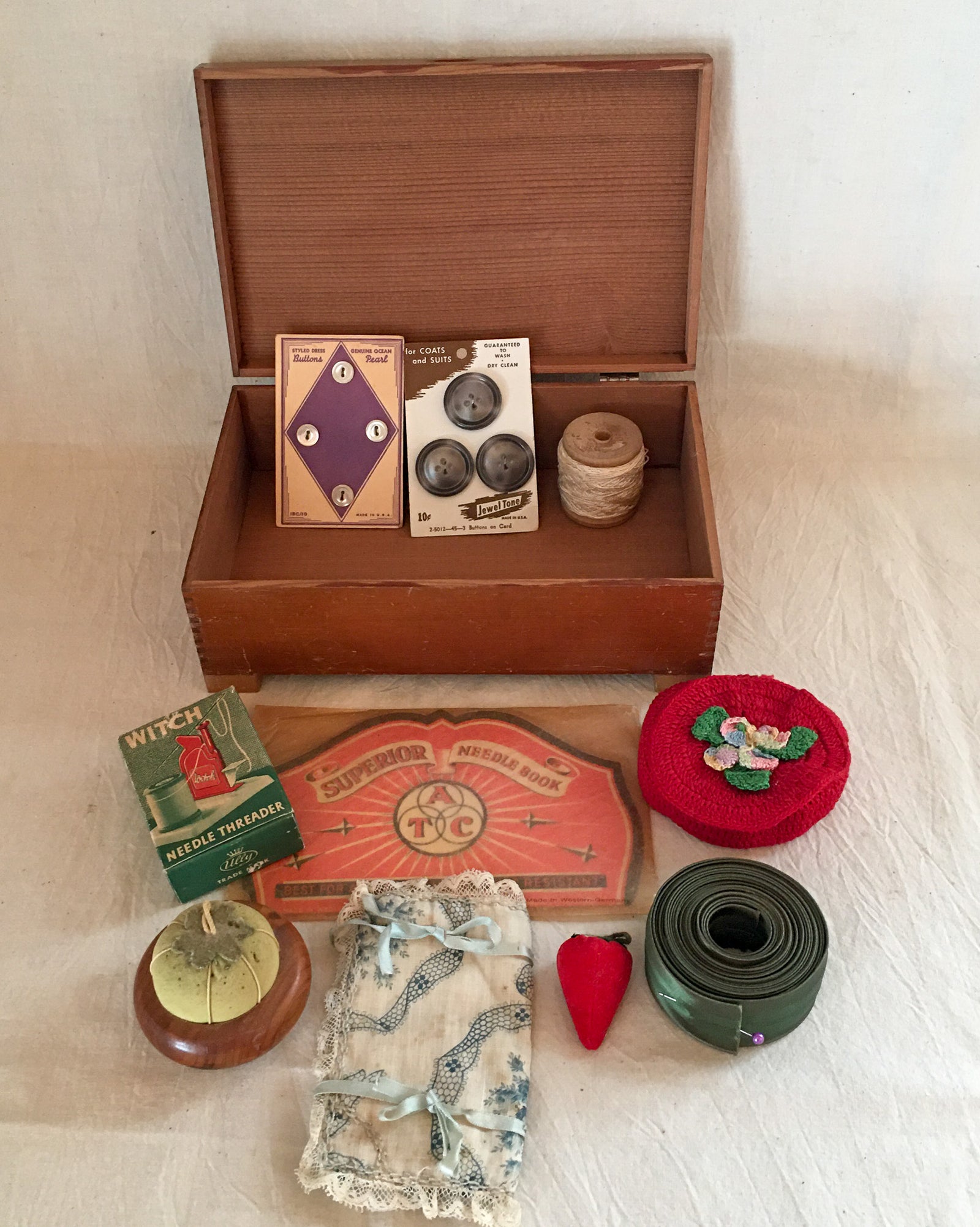 1946 Wooden Jewel/Sewing Box with Contents