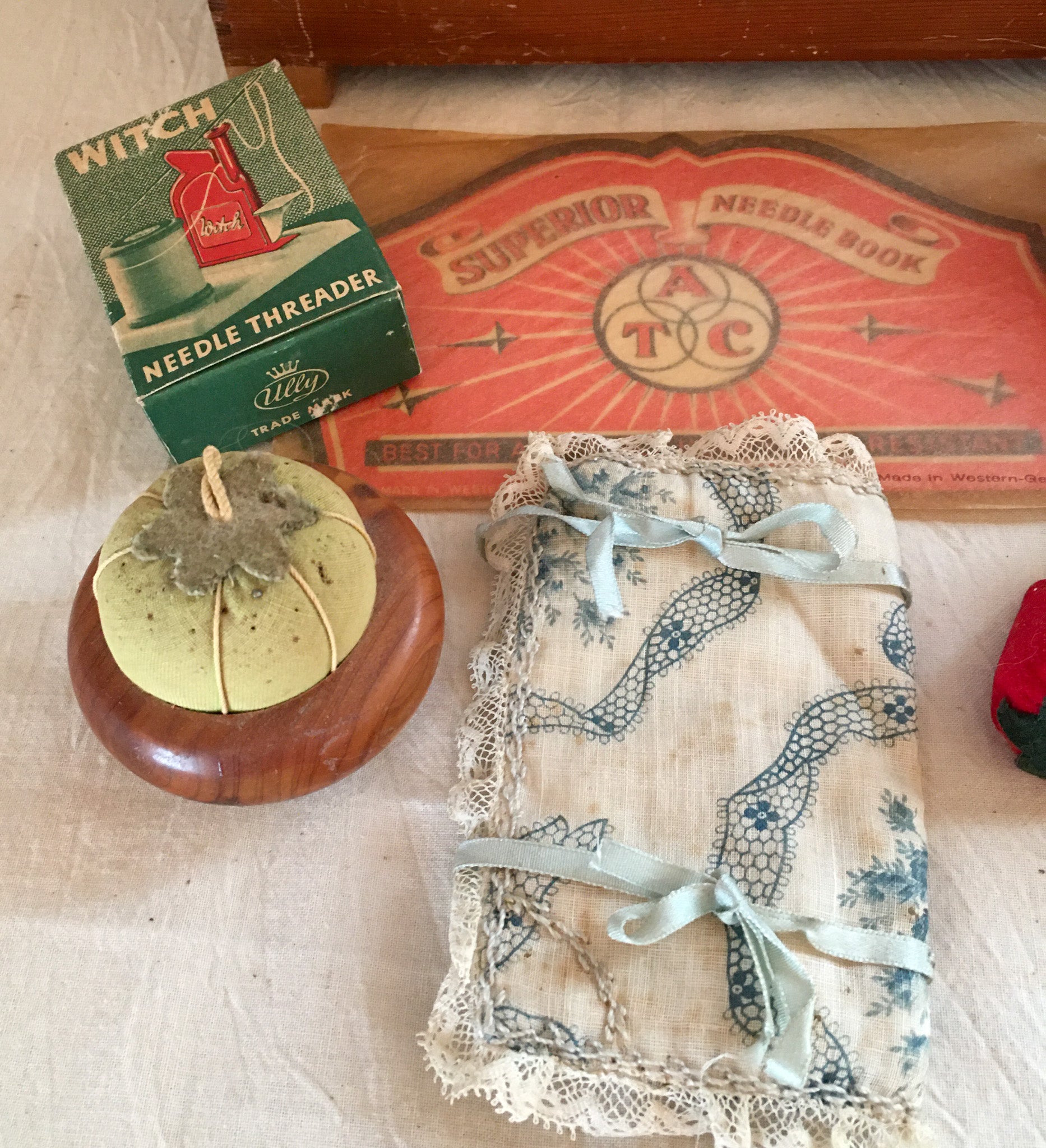 1946 Wooden Jewel/Sewing Box with Contents