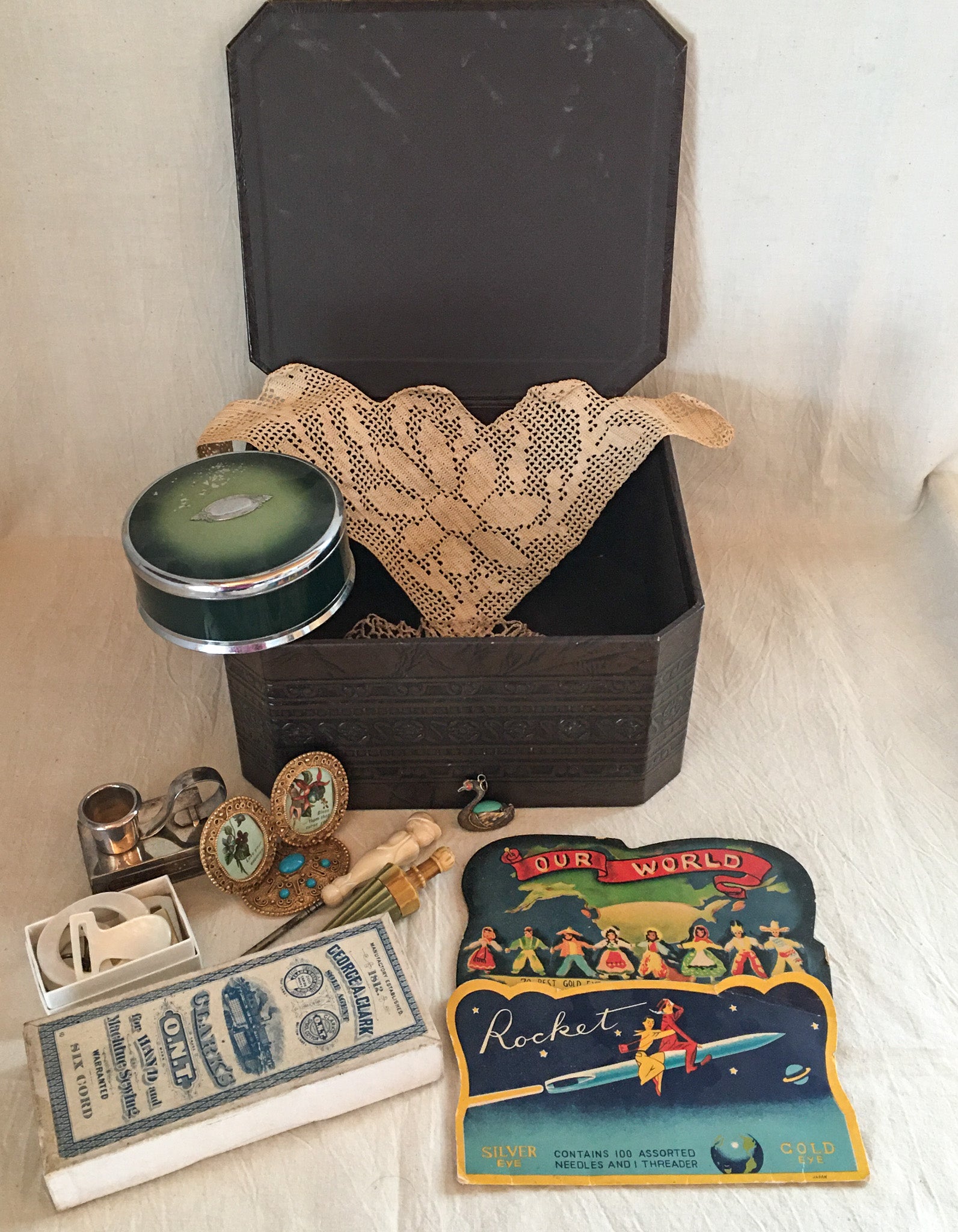 Vintage Faux Leather Box with Contents