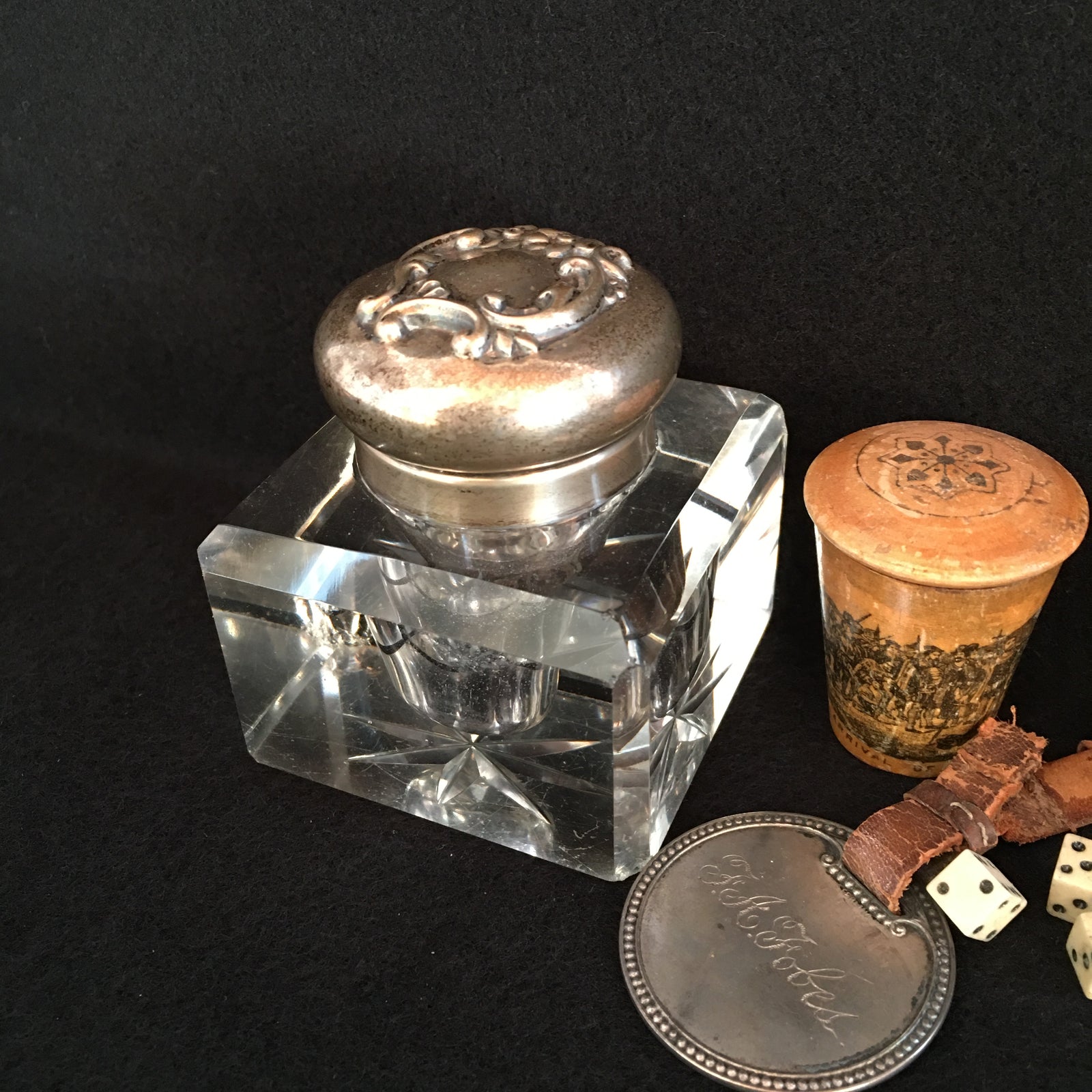 Victorian Era Sterling Silver and Cut-Glass Inkwell