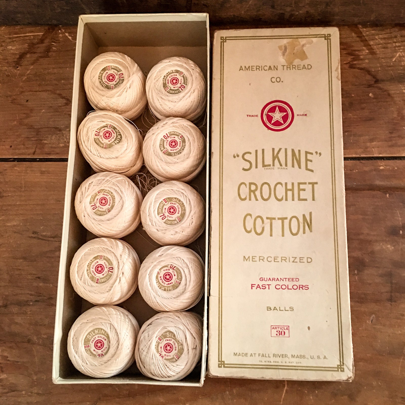 Vintage American Thread Co. Silkine Crochet Cotton, 10 New Skeins in Original Box