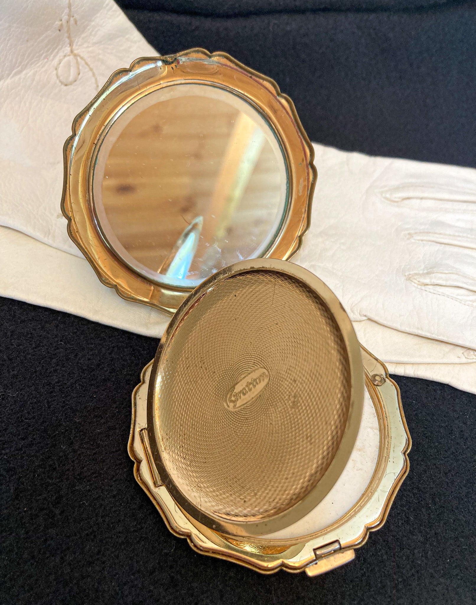 Vintage Vanity Set:  Victorian Celluloid and 22K Gold Hair Comb, Jewelry Casket, Whiting & Davis Purse, Stratton Compact