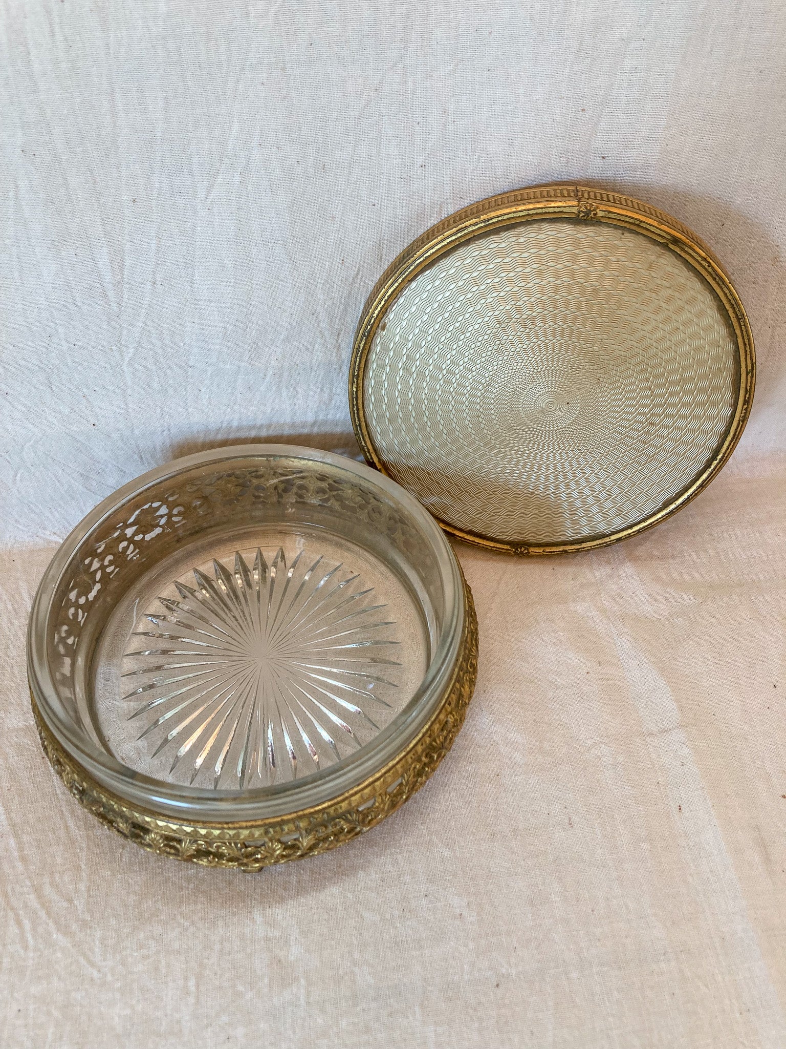 1920’s – 1930’s Glass and Brass Vanity/Powder Box and 1950's Kigu London Compact