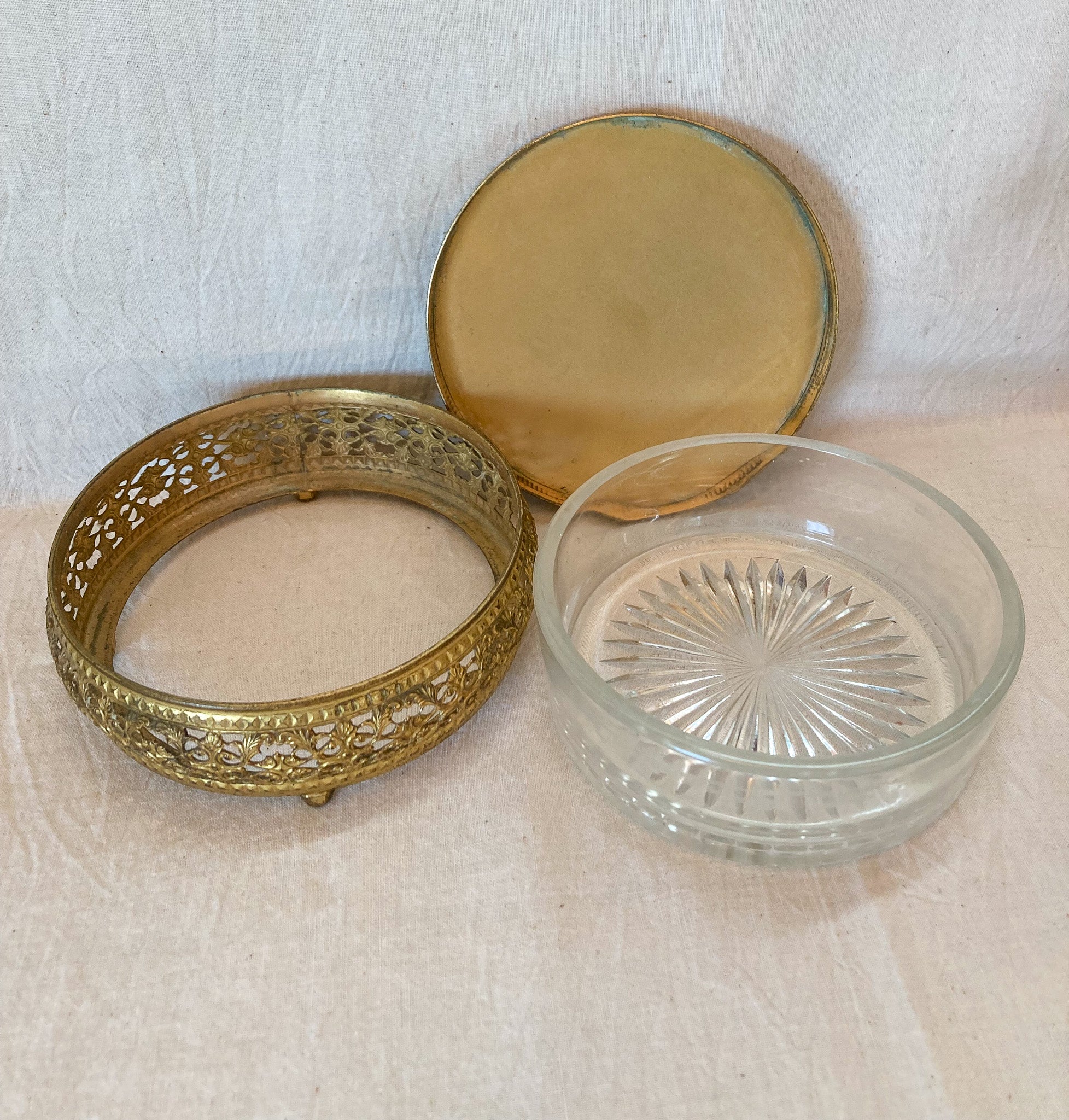 1920’s – 1930’s Glass and Brass Vanity/Powder Box and 1950's Kigu London Compact