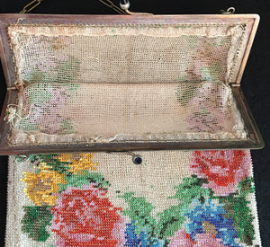 Victorian Era Glass Micro Beaded Purse, Floral Design, Silver Plate Frame