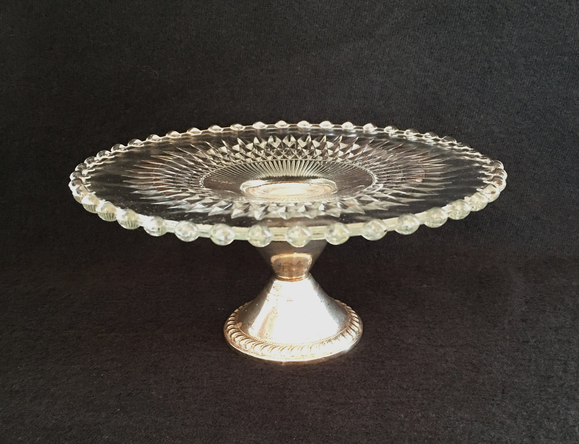 Early 1900s Cake/Cookie Stand, Cut Glass with Sterling Silver Weighted Base Marked “Dughin Creation”
