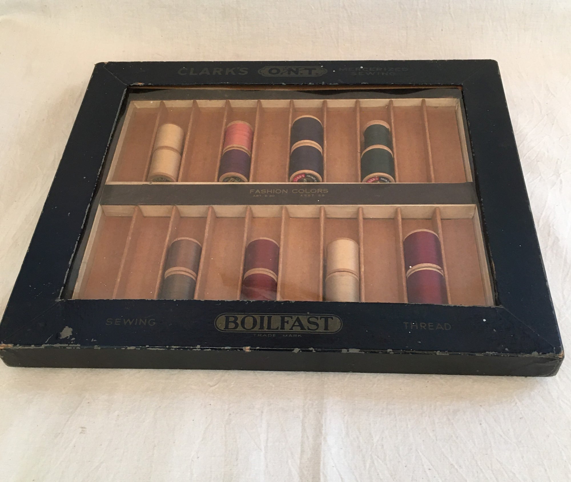 1940s Clark’s O.N.T. Boilfast Sewing Thread Heavy Paperboard Store Display Case