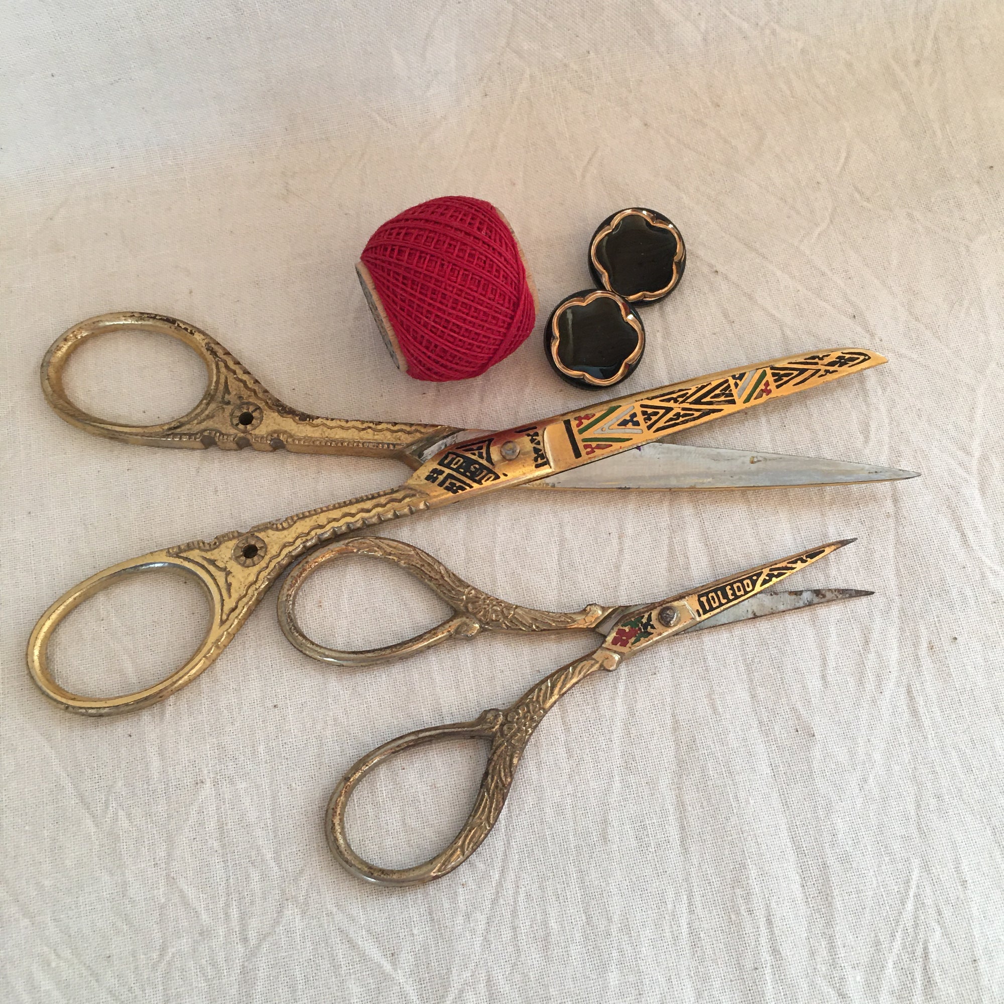 Set of Two Vintage Gold Tone and Enamel Sewing Scissors, Marked “Toledo”