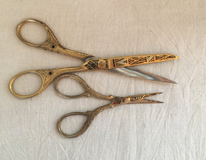 Set of Two Vintage Gold Tone and Enamel Sewing Scissors, Marked “Toledo”