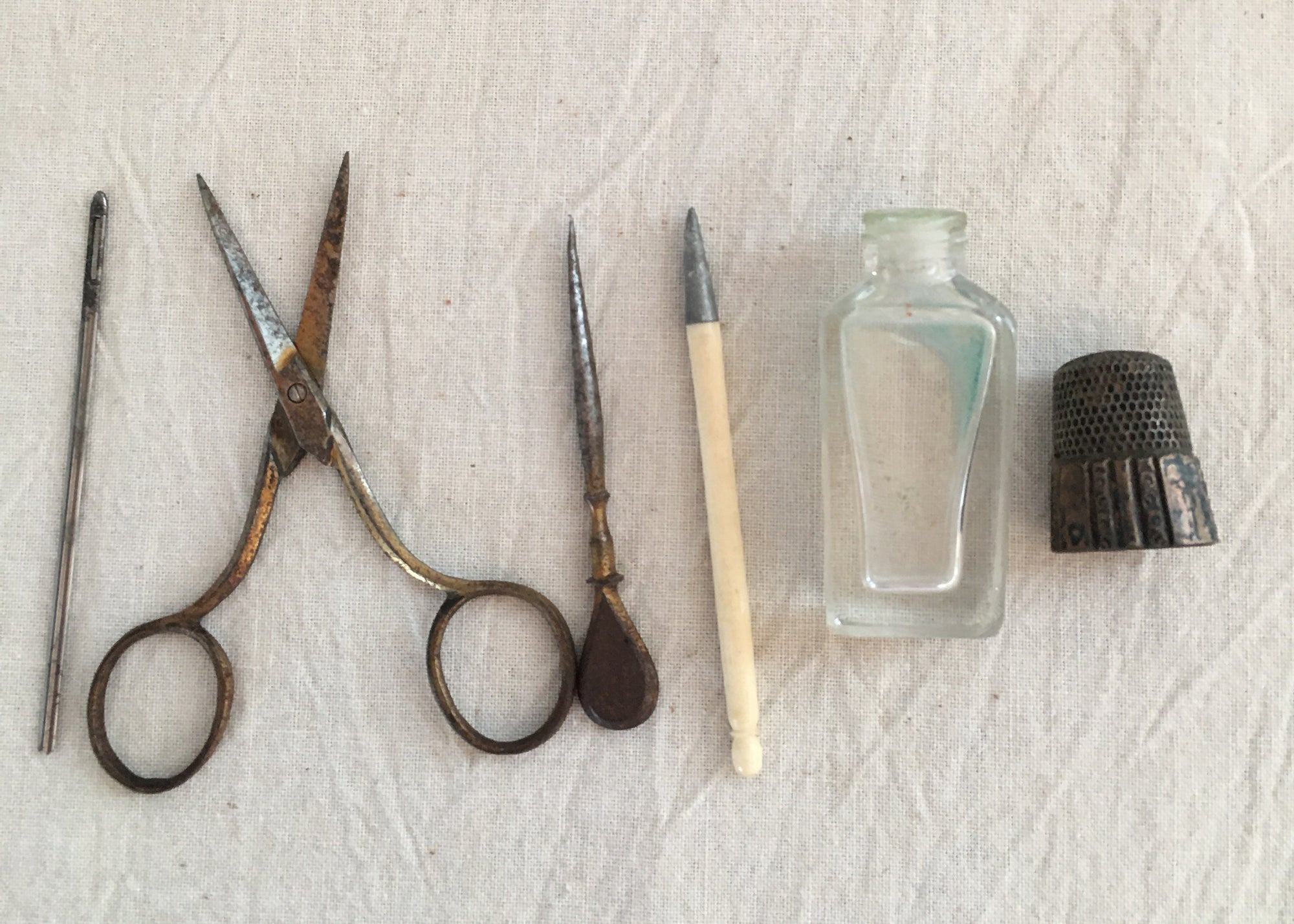 1800’s Leather and Brass Sewing Etui with Six Items Including Scent Bottle
