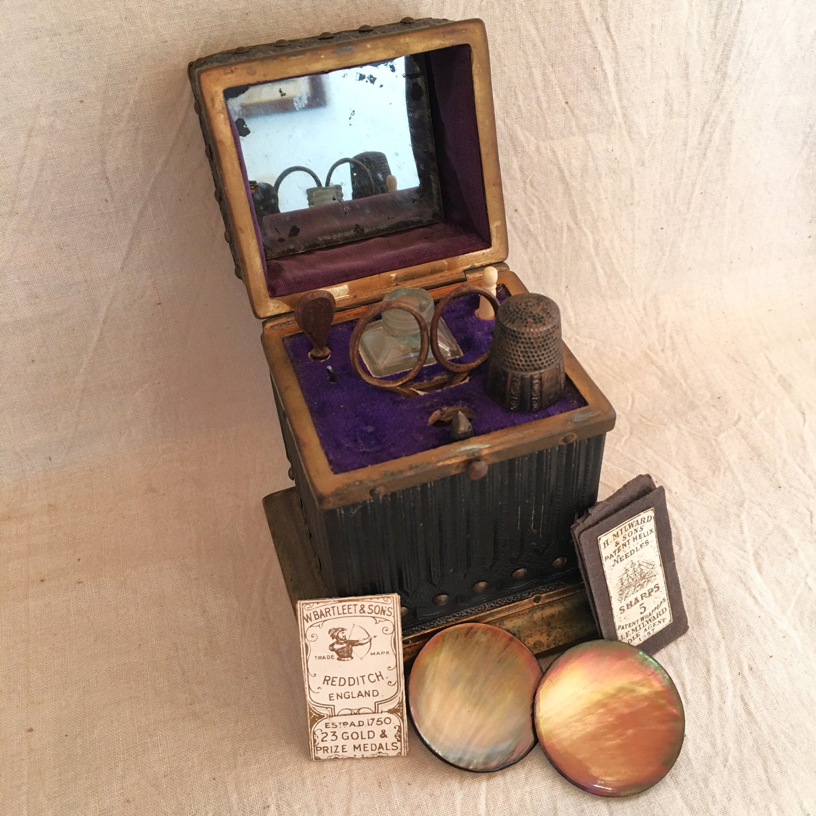 1800’s Leather and Brass Sewing Etui with Six Items Including Scent Bottle
