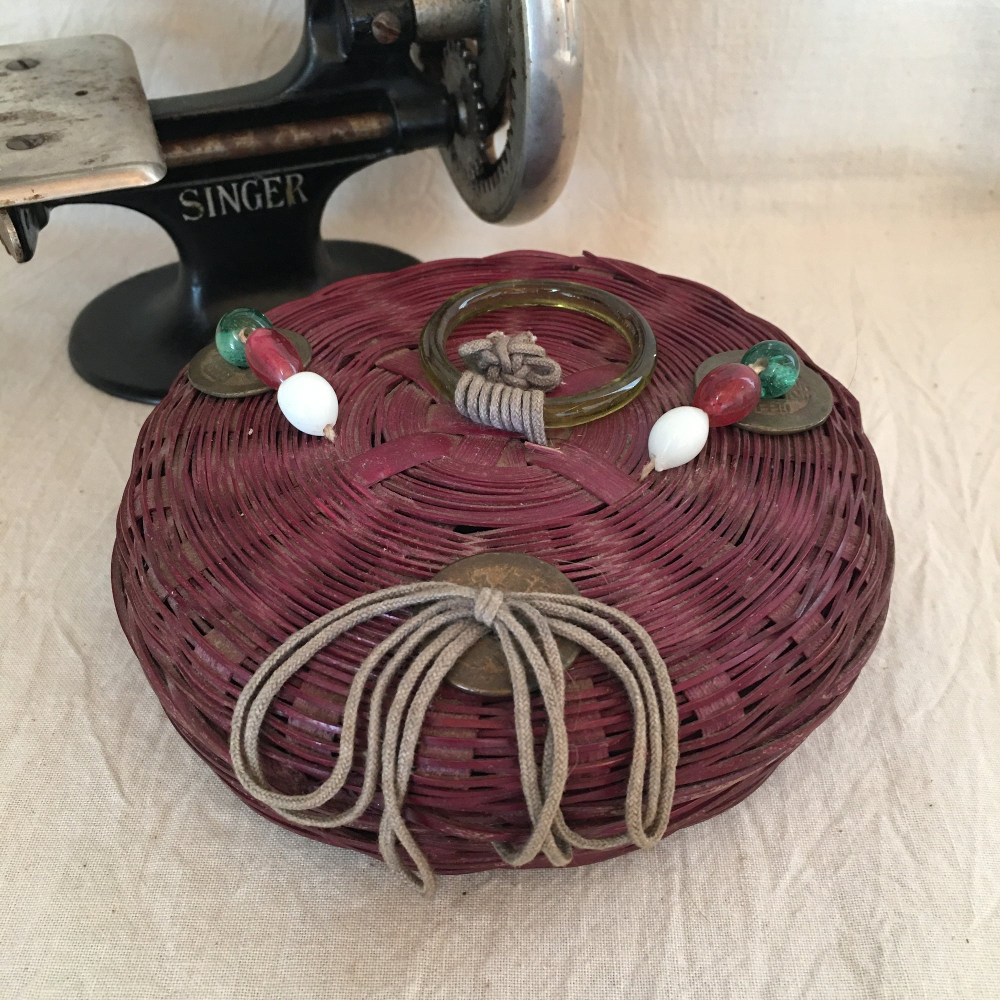 Vintage Sewing Basket with Buttons