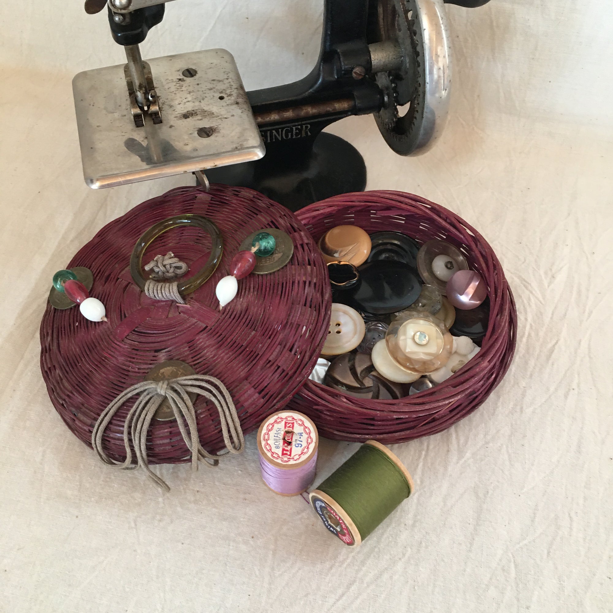 Vintage Sewing Basket with Buttons