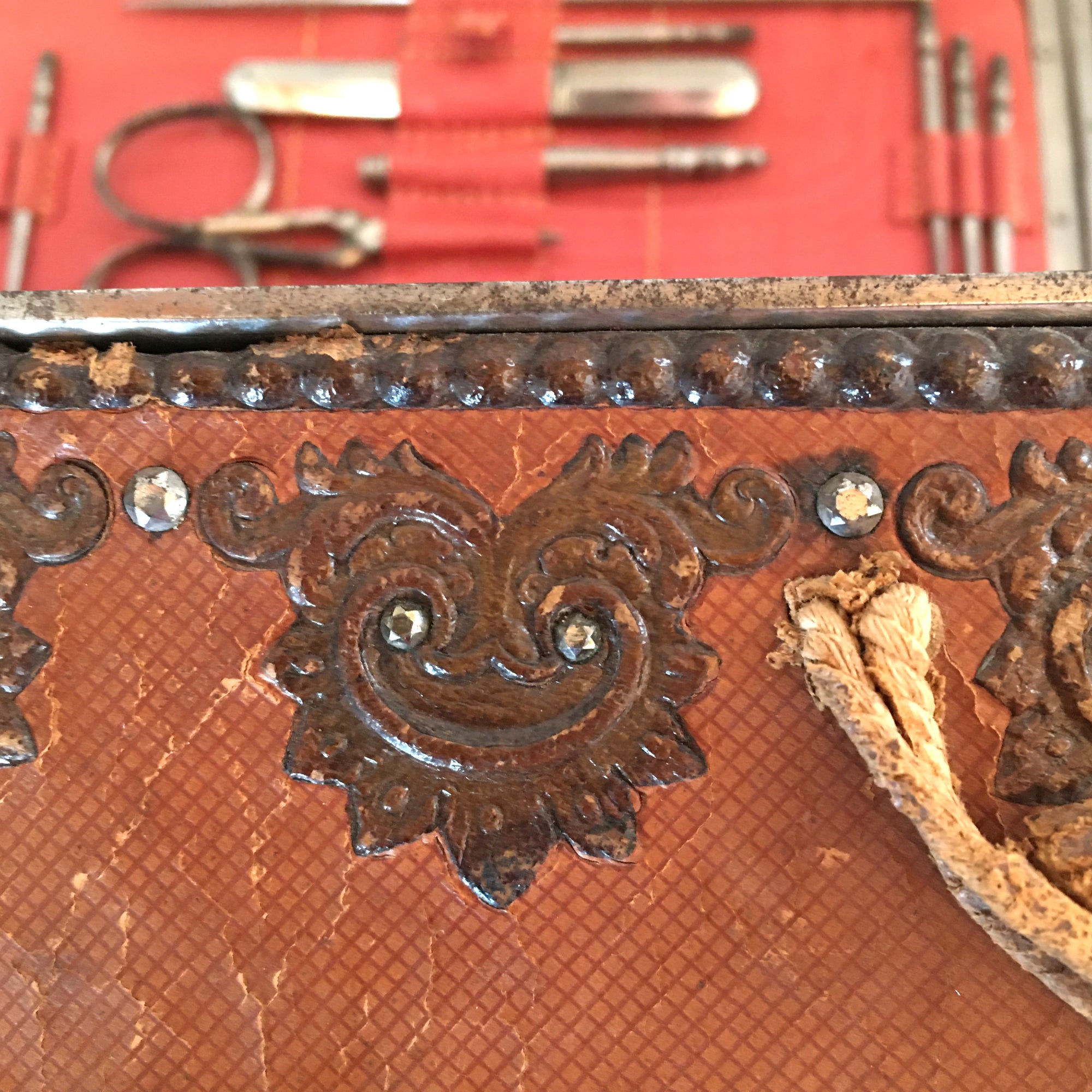 Early 1900s Tooled Leather “Brevette” Sewing Kit for Travel