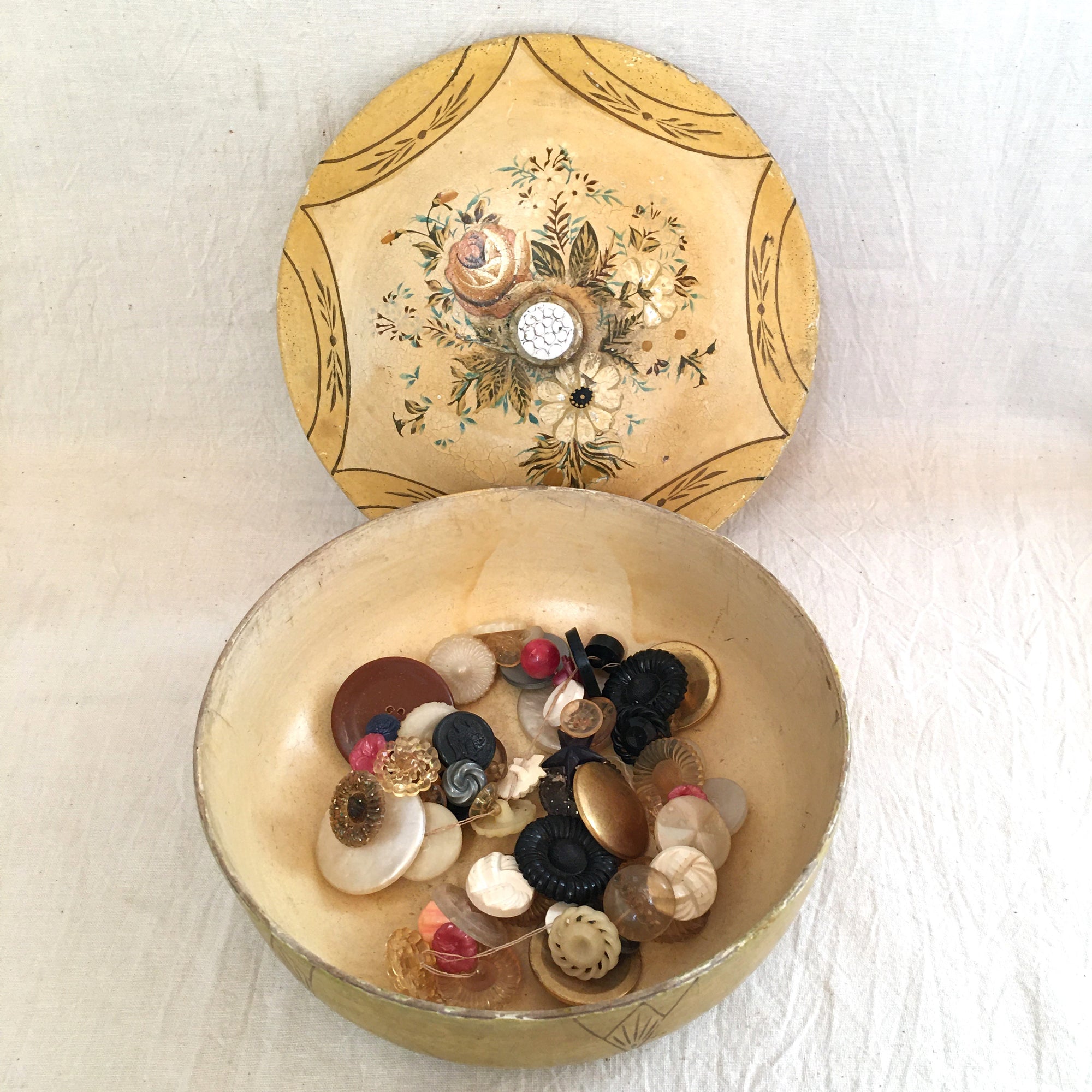 Vintage Paper Mache Bowl with Cover, Buttons Included