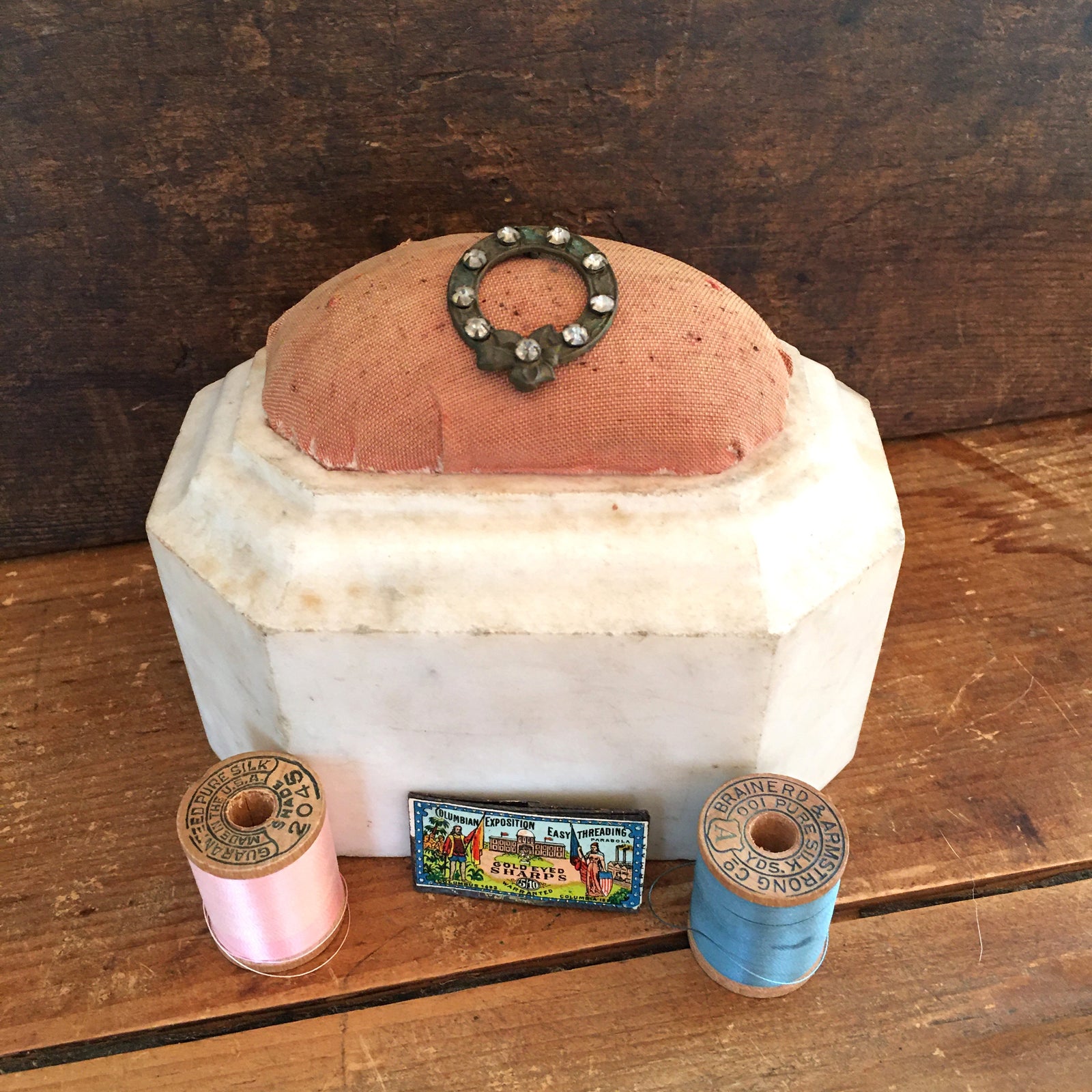 Antique Marble Base Pin Cushion with Original Cushion, Brooch Included