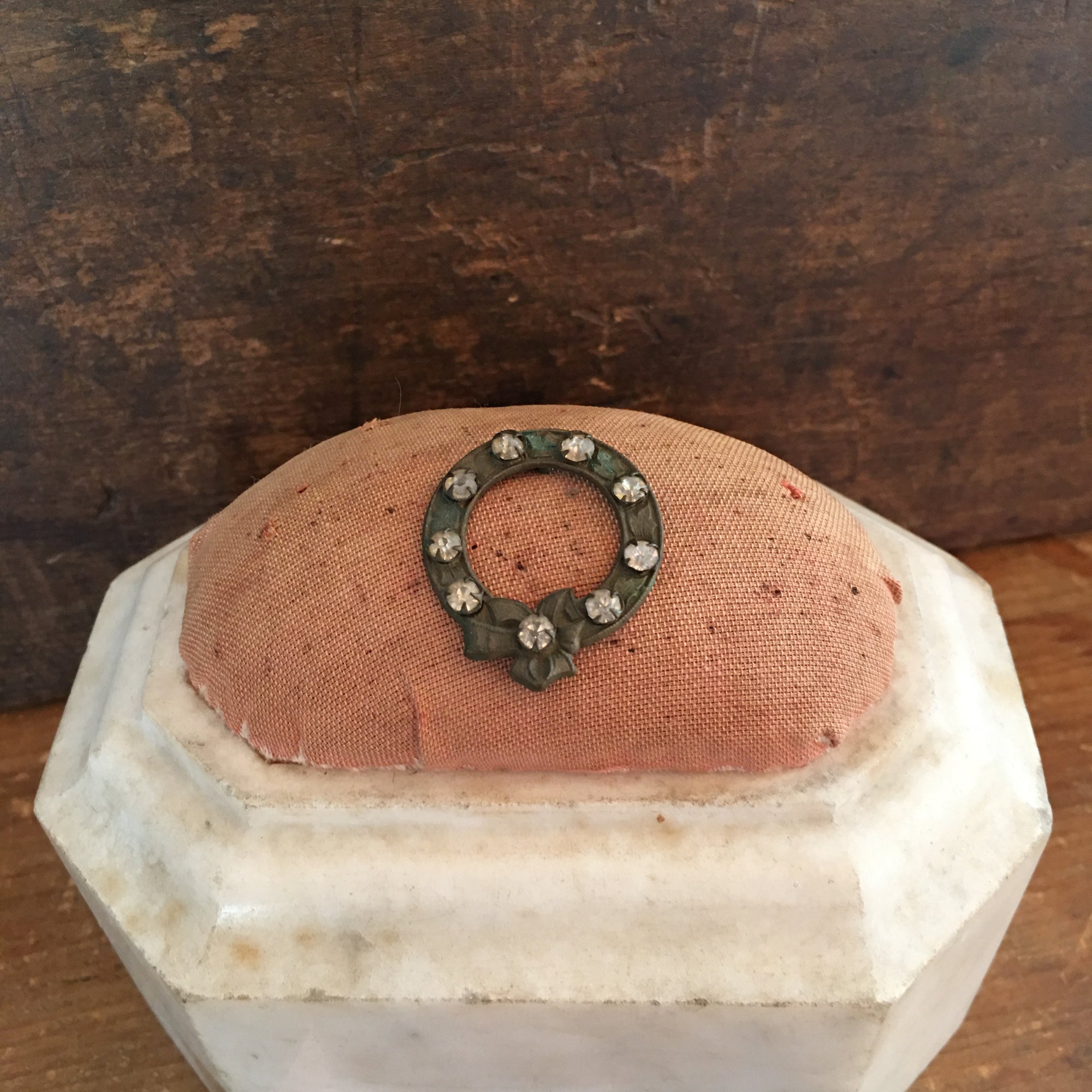 Antique Marble Base Pin Cushion with Original Cushion, Brooch Included