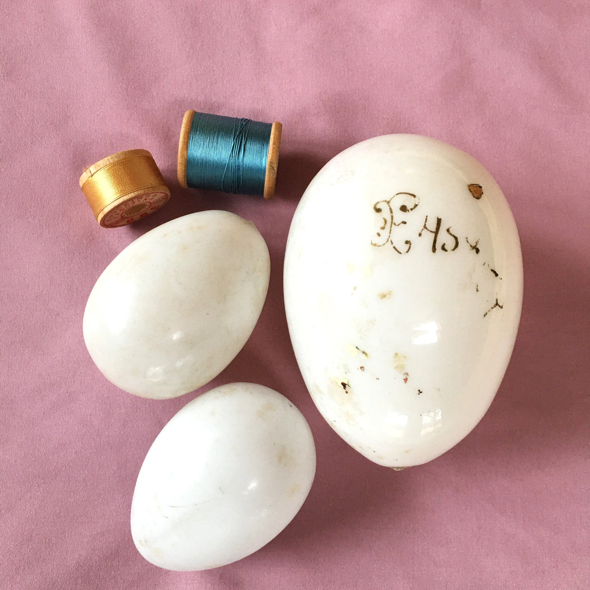 Set of Three Antique Hand-Blown Milk Glass Easter Eggs