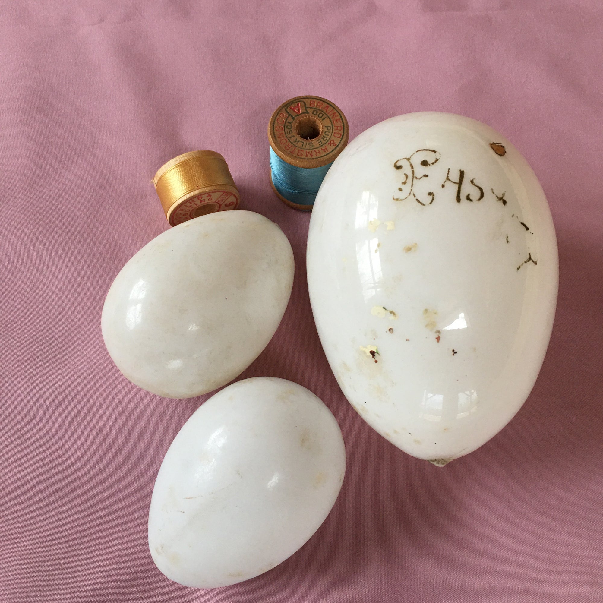 Set of Three Antique Hand-Blown Milk Glass Easter Eggs