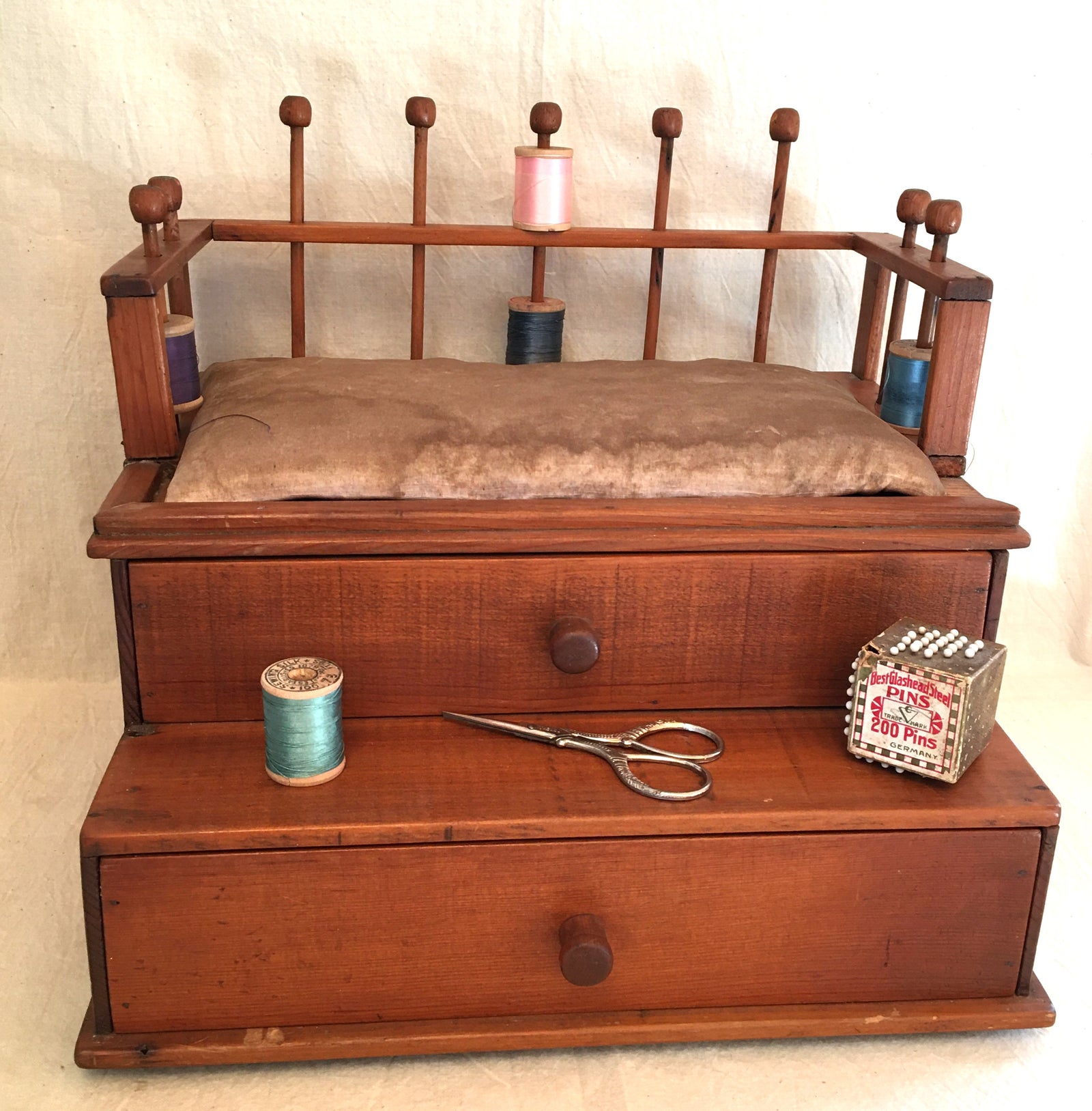 Early 1900’s Large Sewing Box with Spindles for Spools, 2 Drawers, Pin Cushion