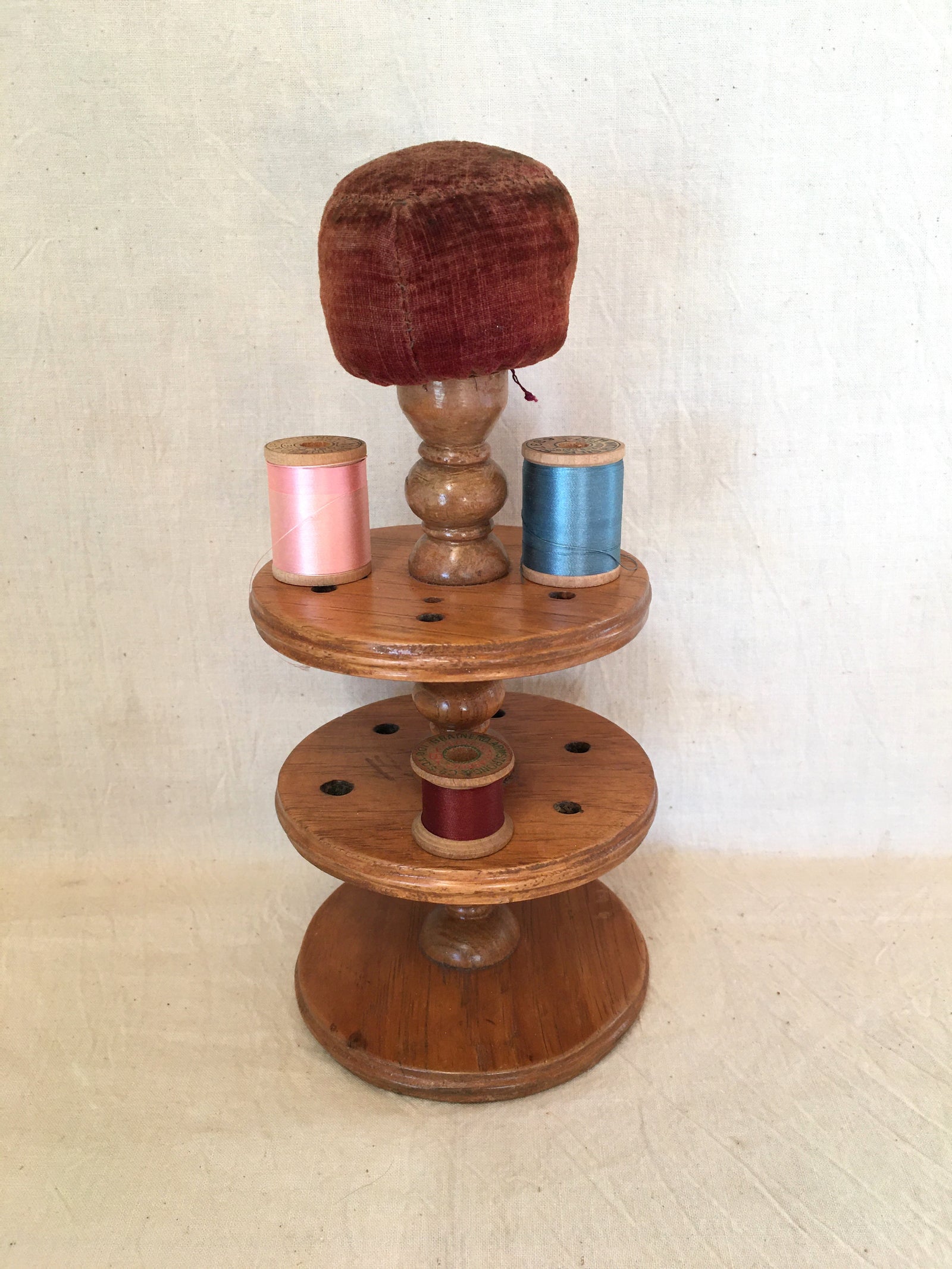 Antique Spool Holder with Original Velvet Pin Cushion