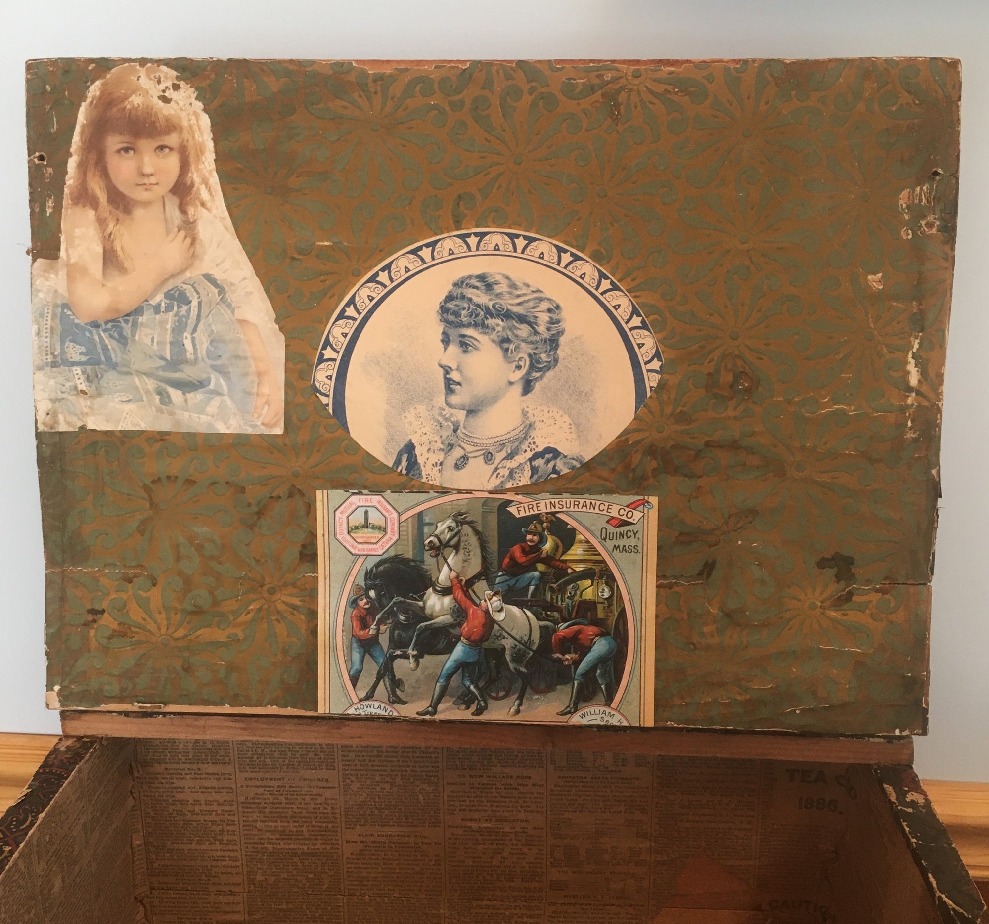 1886 Blanket Chest, Wallpaper Covered, Newspaper Lined