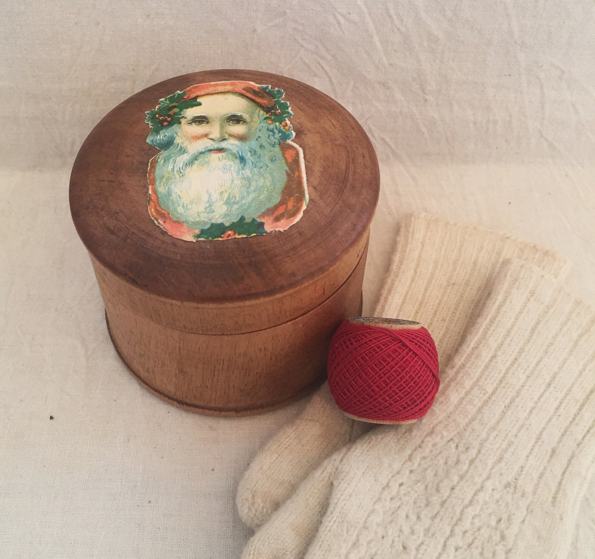 Vintage Treenware Container with Lithograph Santa