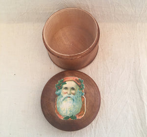Vintage Treenware Container with Lithograph Santa