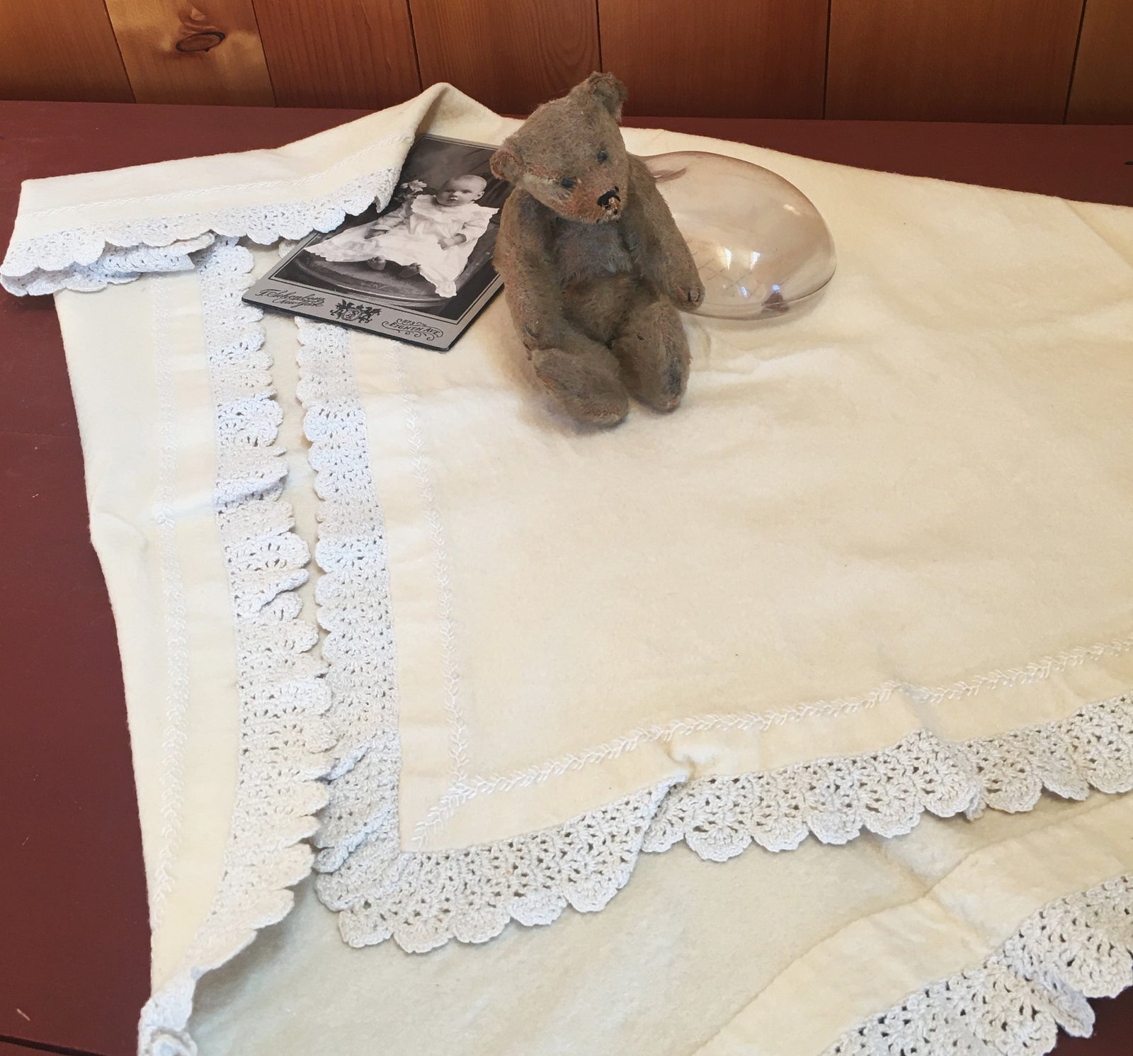Homespun Wool Baby Blanket, Crocheted Lace Trim, Hand Embroidered