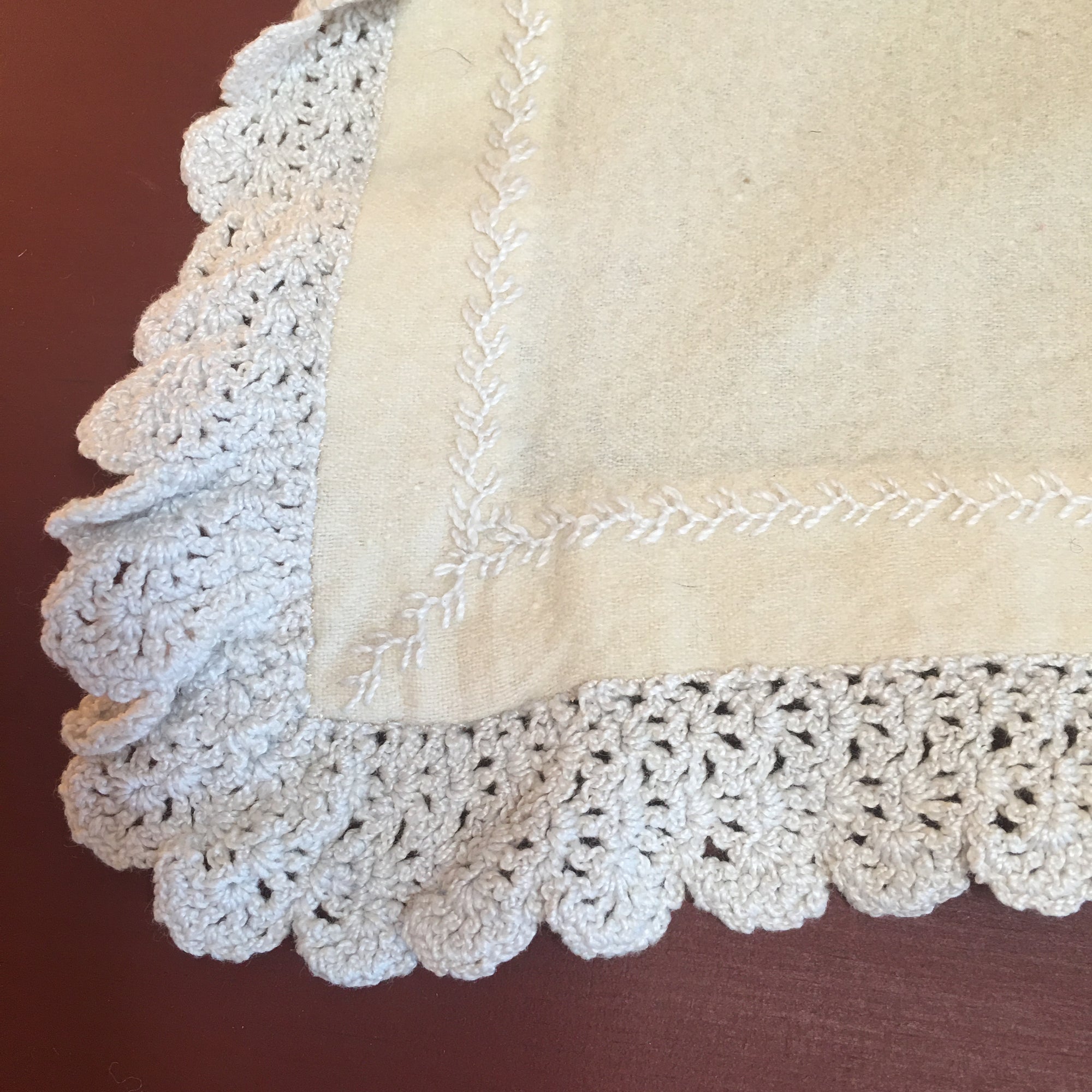 Homespun Wool Baby Blanket, Crocheted Lace Trim, Hand Embroidered