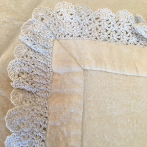 Homespun Wool Baby Blanket, Crocheted Lace Trim, Hand Embroidered