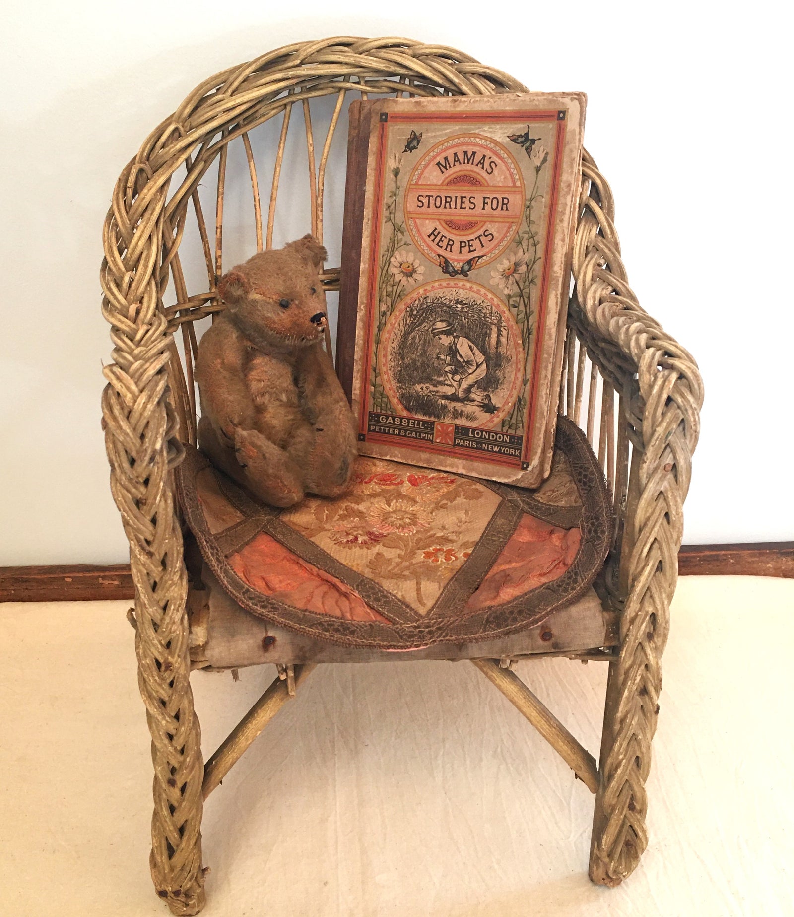 1920’s Small Wicker Chair with Silk Chair Pad