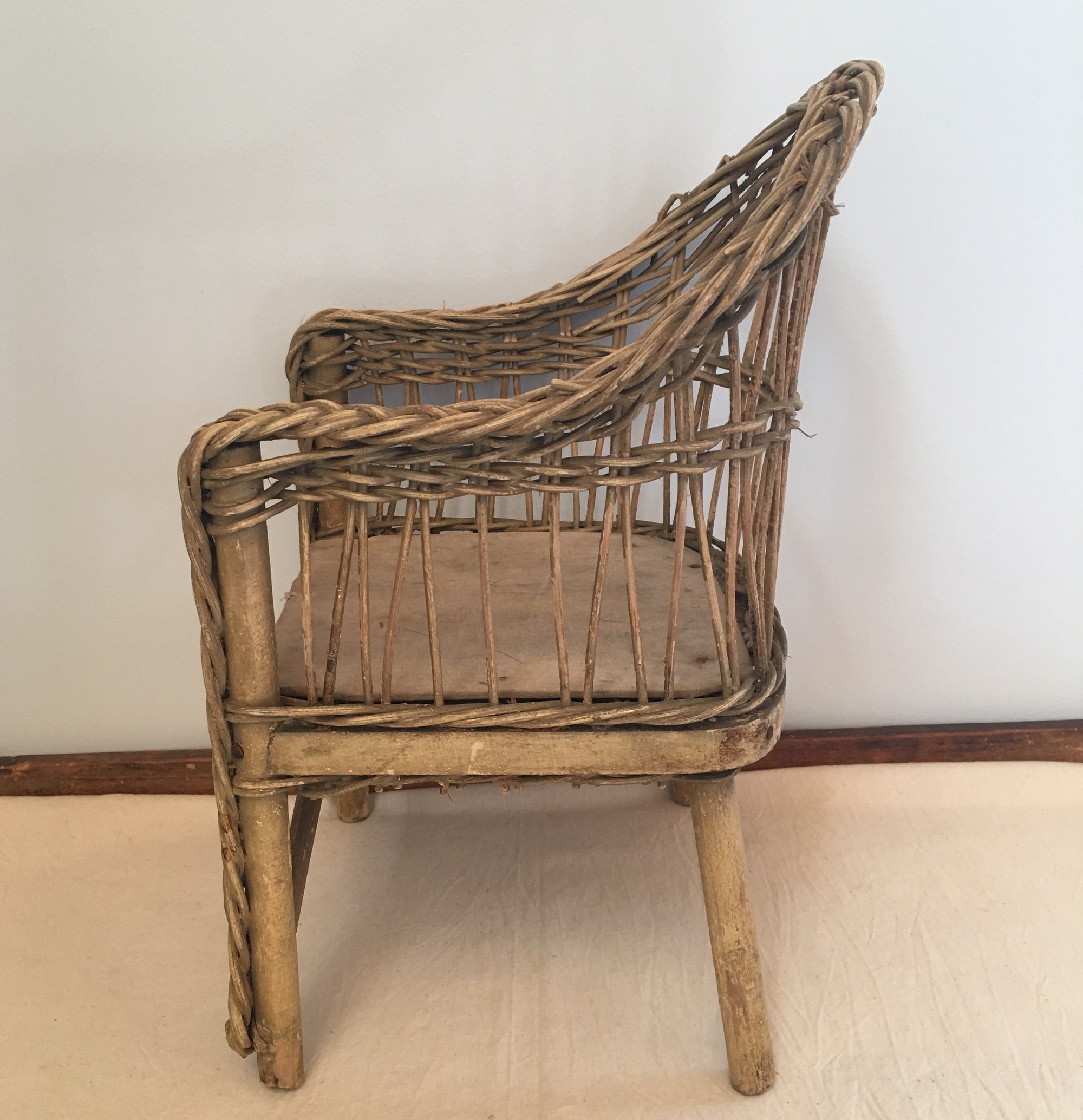 1920’s Small Wicker Chair with Silk Chair Pad