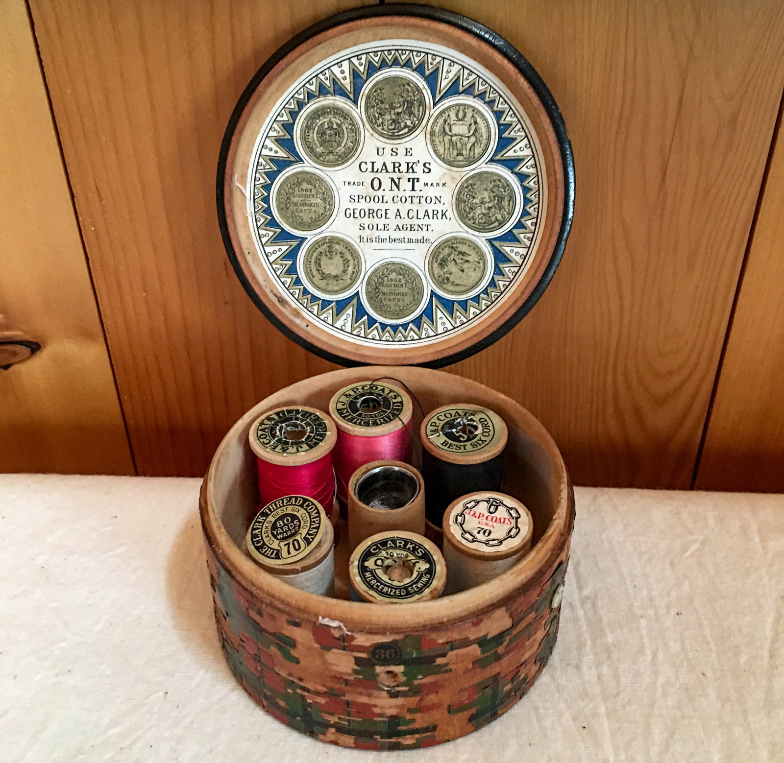Late 1800’s – Early 1900’s Tartan Ware Thread Box with Sterling Silver Thimble