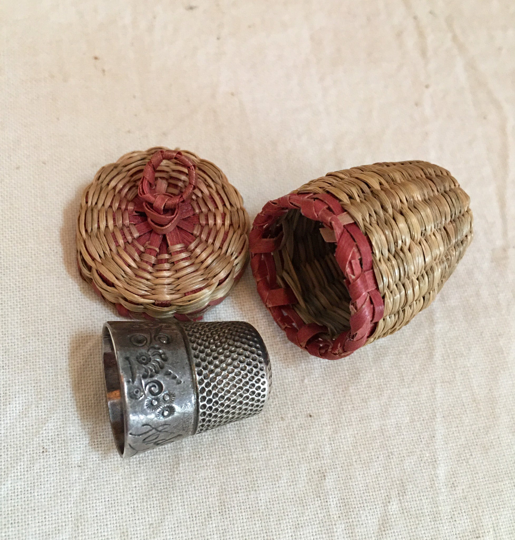 Early 1900’s Sweet Grass Thimble Basket with Sterling Silver Thimble "Ada '94"