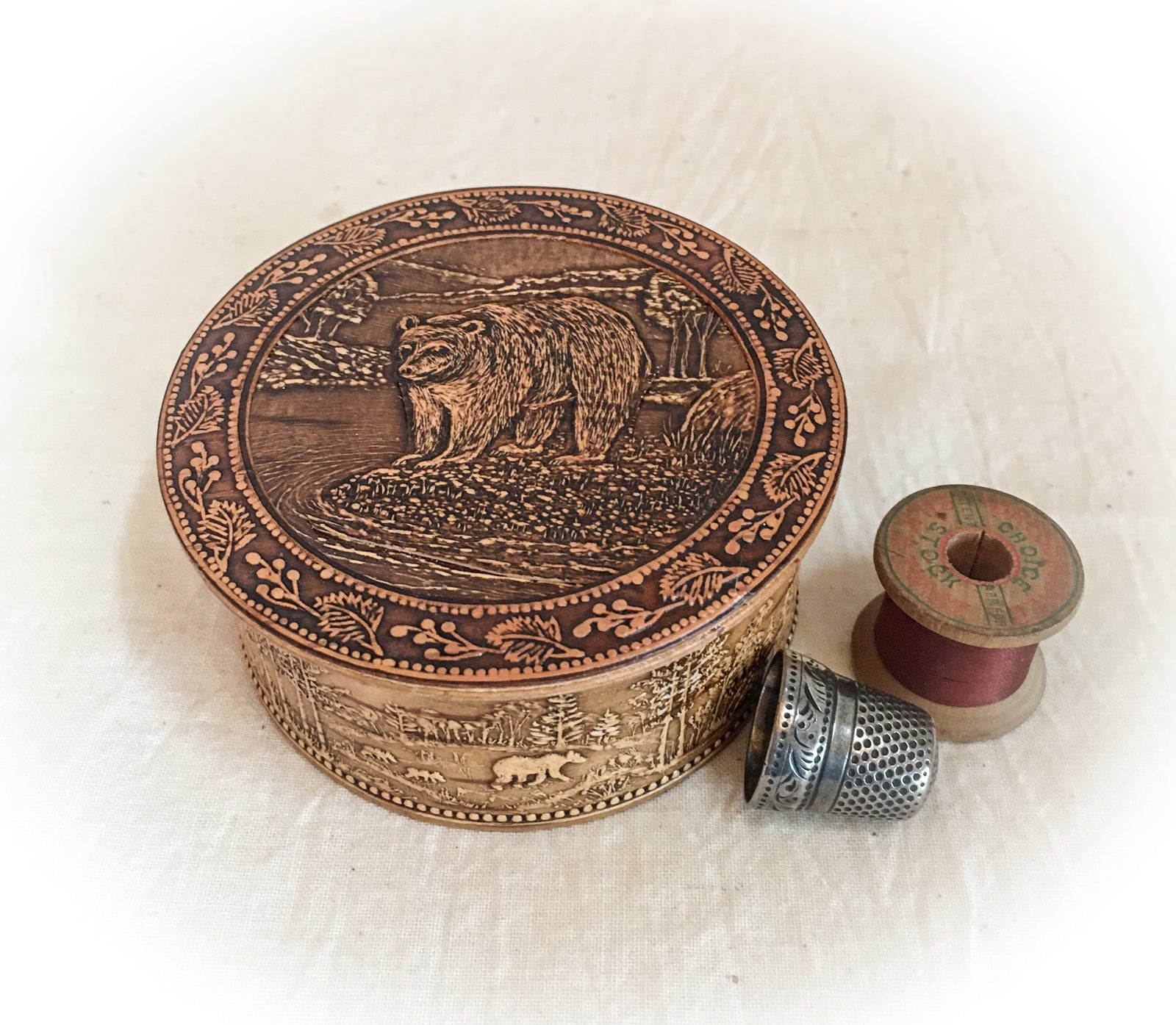 Vintage Carved Birch Bark Trinket Box