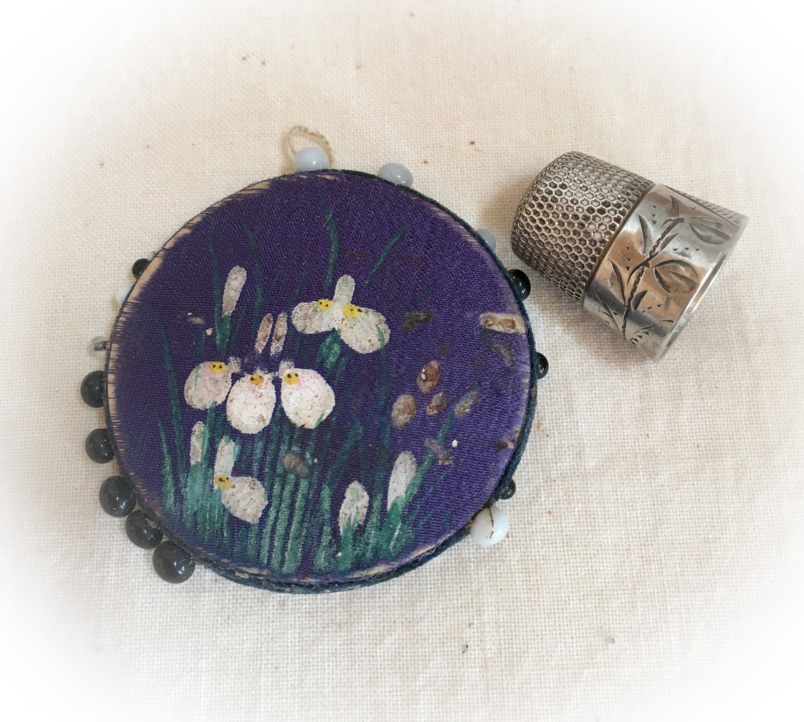 Hand Painted Silk Pin Disc and Simons Bros Sterling Silver Thimble, Size 12